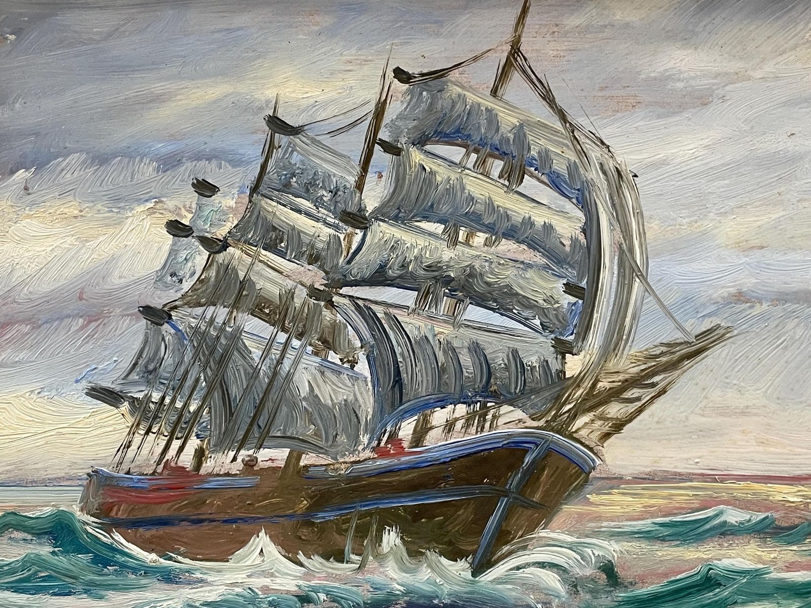 Vintage Maritime Oil Painting Of Ship With Sails At Sea   Original Danish Art From The 1960s photo vinterior
