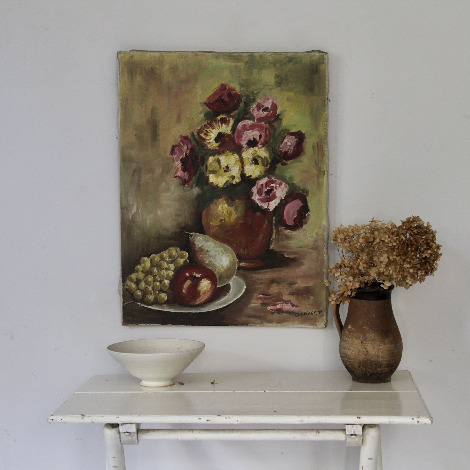 Large Mid Century French Floral Still Life, Oil On Canvas photo furniture