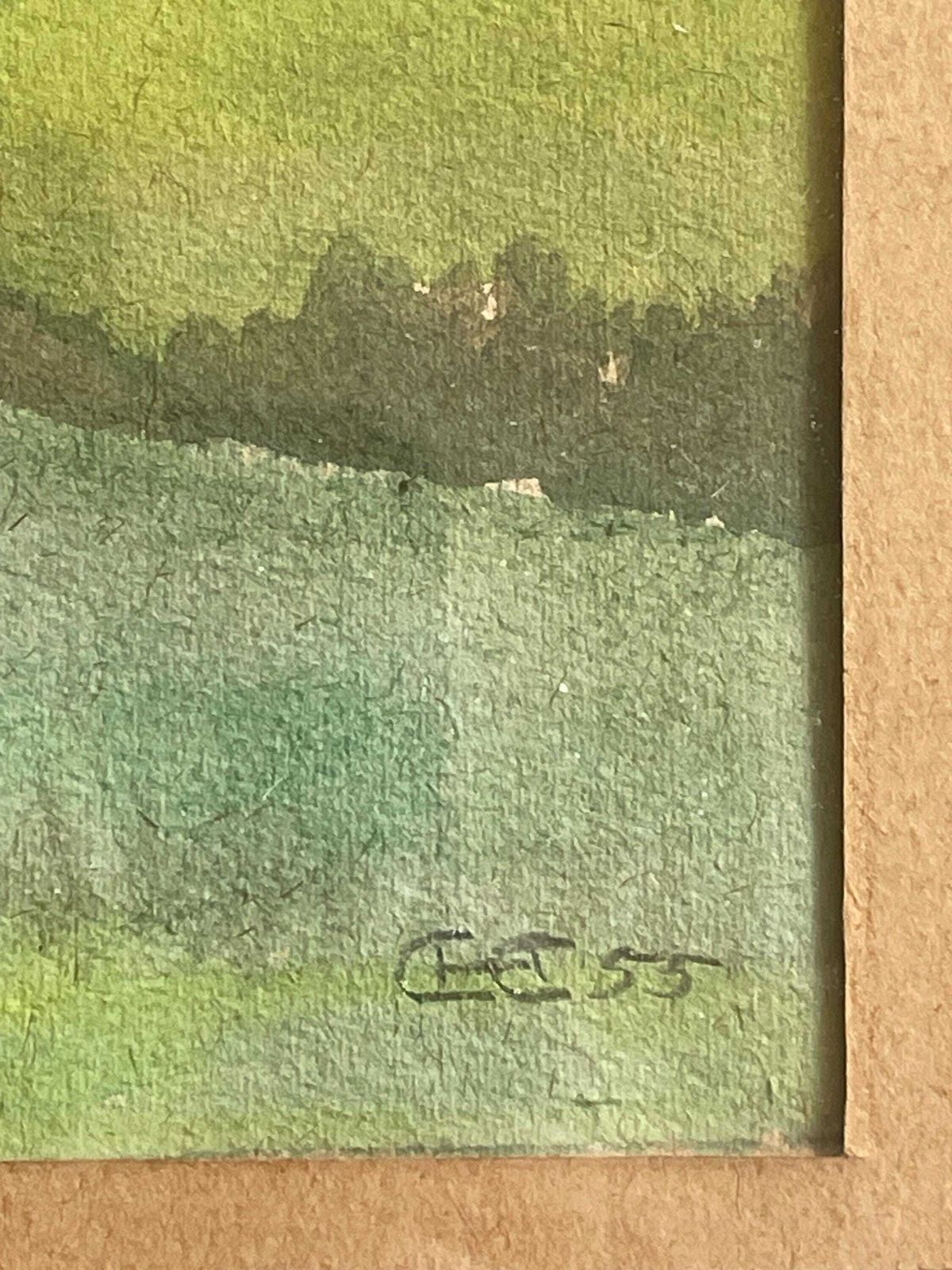 Cozy Vintage Danish Mid Century Watercolour Landscape Drawing Of Small House At A Lake In Summer Atmosphere photo for sale