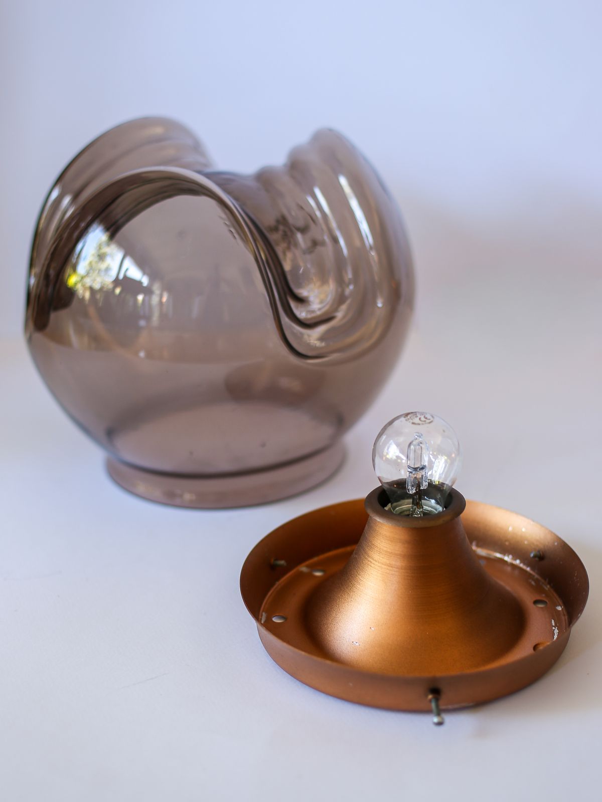 Pair Of Xl Vintage Sijaj Hrastnik Yugoslavia Flush Mount Ceiling Lights: 1970s Mid Century Smoked Glass Lamps, Ceiling Brutalist Lamps photo vinterior