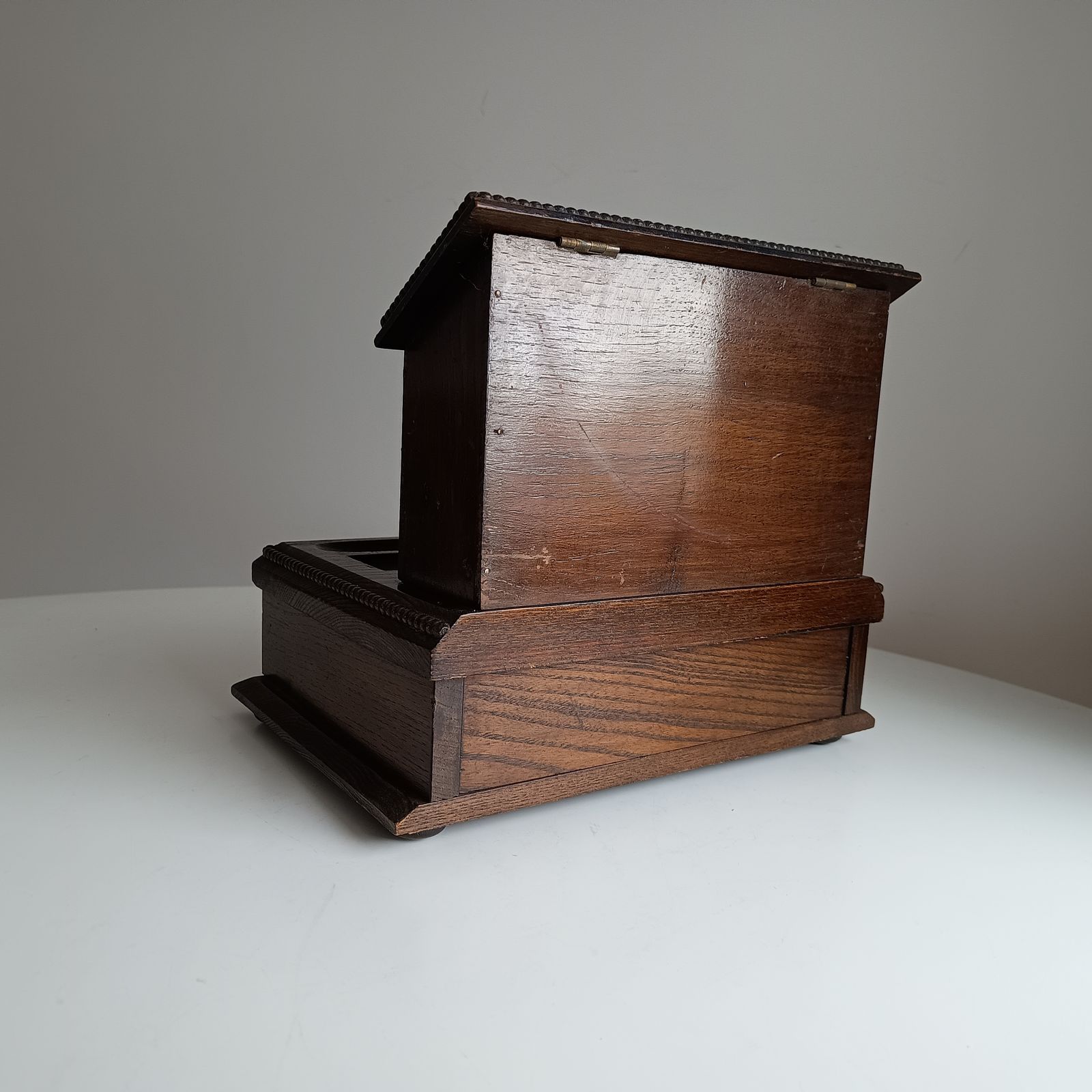 Antique English Small Oak Desk Tidy With Lidded Papers Holder And Pull Out Drawer, Cut Crystal Inkwells photo furniture