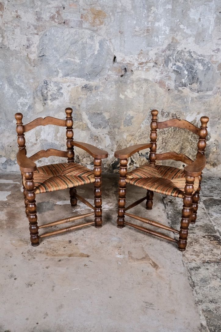 Pair Of Bobbin Armchairs In Turned Oak Wood, France, 1940s