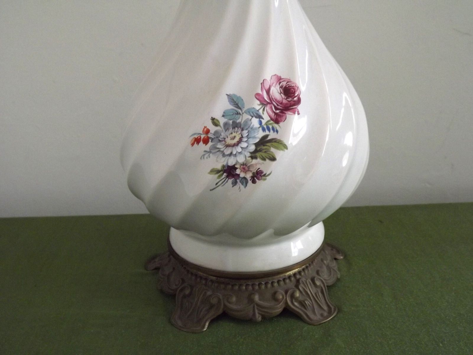 photo furniture White Porcelain Floral Lantern Table Lamp With Pattern Glass Shade & Funnel   Vintage French Lighting. Tall Porcelain And Bronze Table Lamp