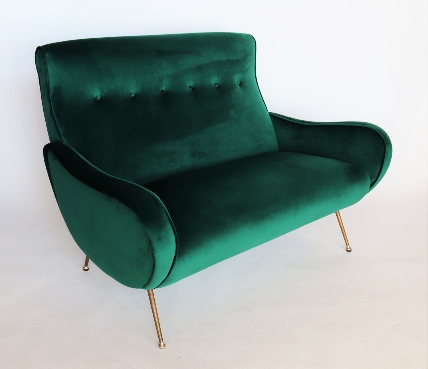 Italian Designer Sofa Or Loveseat In Green Velvet And Brass, 1950s