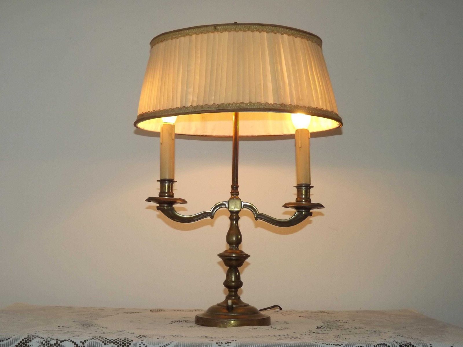 French Antique Boulotte Style 2 Light Table Lamp With Pleated Cream Shade   French Antique Lighting. Table Lamp. Desk Lamp. Reading Lamp.