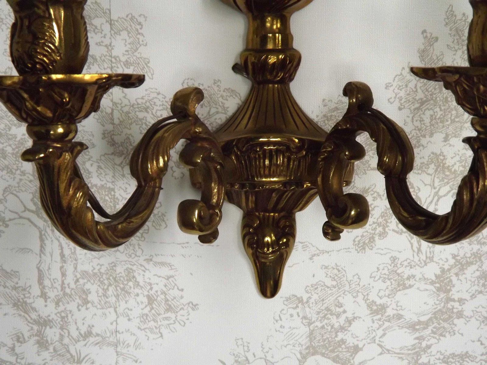 Pair French Baroque Double Brass Wall Lights Acanthus & Basket Weave Detail   French Vintage Lighting. Double Wall Sconces. Brass Wall Ligh photo vinterior