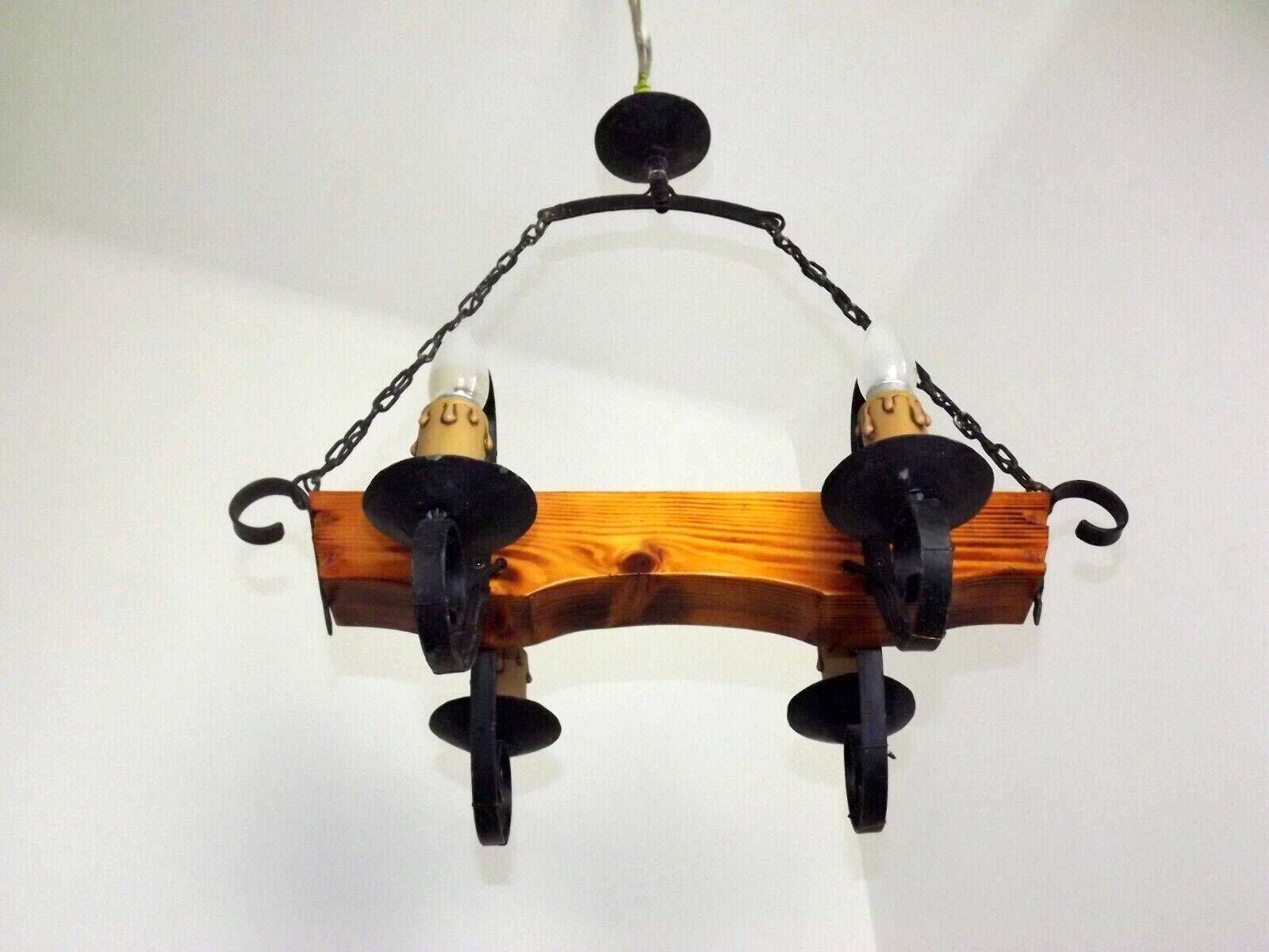 French Vintage Rustic Chandelier – 4 Light Hand Carved Wood & Wrought Iron – Country Farmhouse Style – Handmade Vintage French Light Fixture photo vinterior