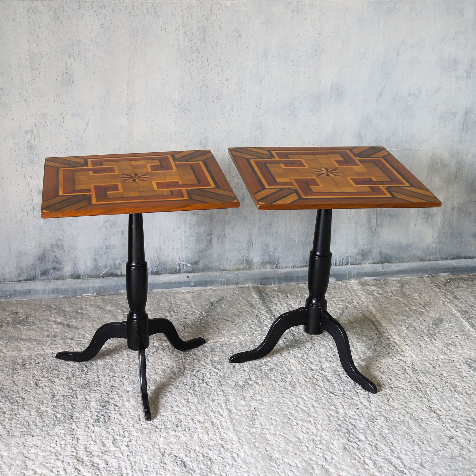 Pair Of 19th Century Geometric Parquetry Inlay Top Side Tables photo furniture