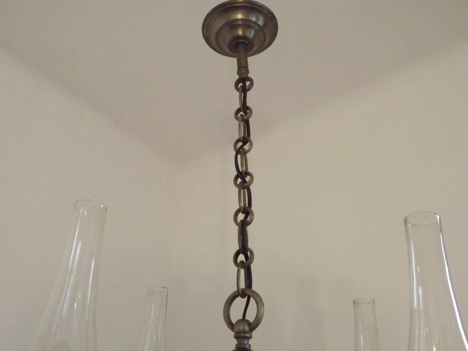 French Vintage Pewter 4 Light Flemish Chandelier Hand Blown Lantern Shades   French Vintage Lighting. 4 Light Chandelier. Flemish Style. photo vintage