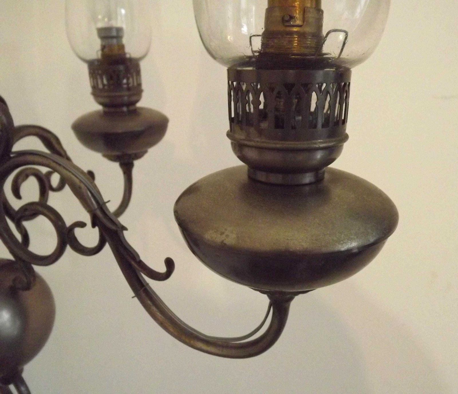 photo for sale French Vintage Pewter 4 Light Flemish Chandelier Hand Blown Lantern Shades   French Vintage Lighting. 4 Light Chandelier. Flemish Style.