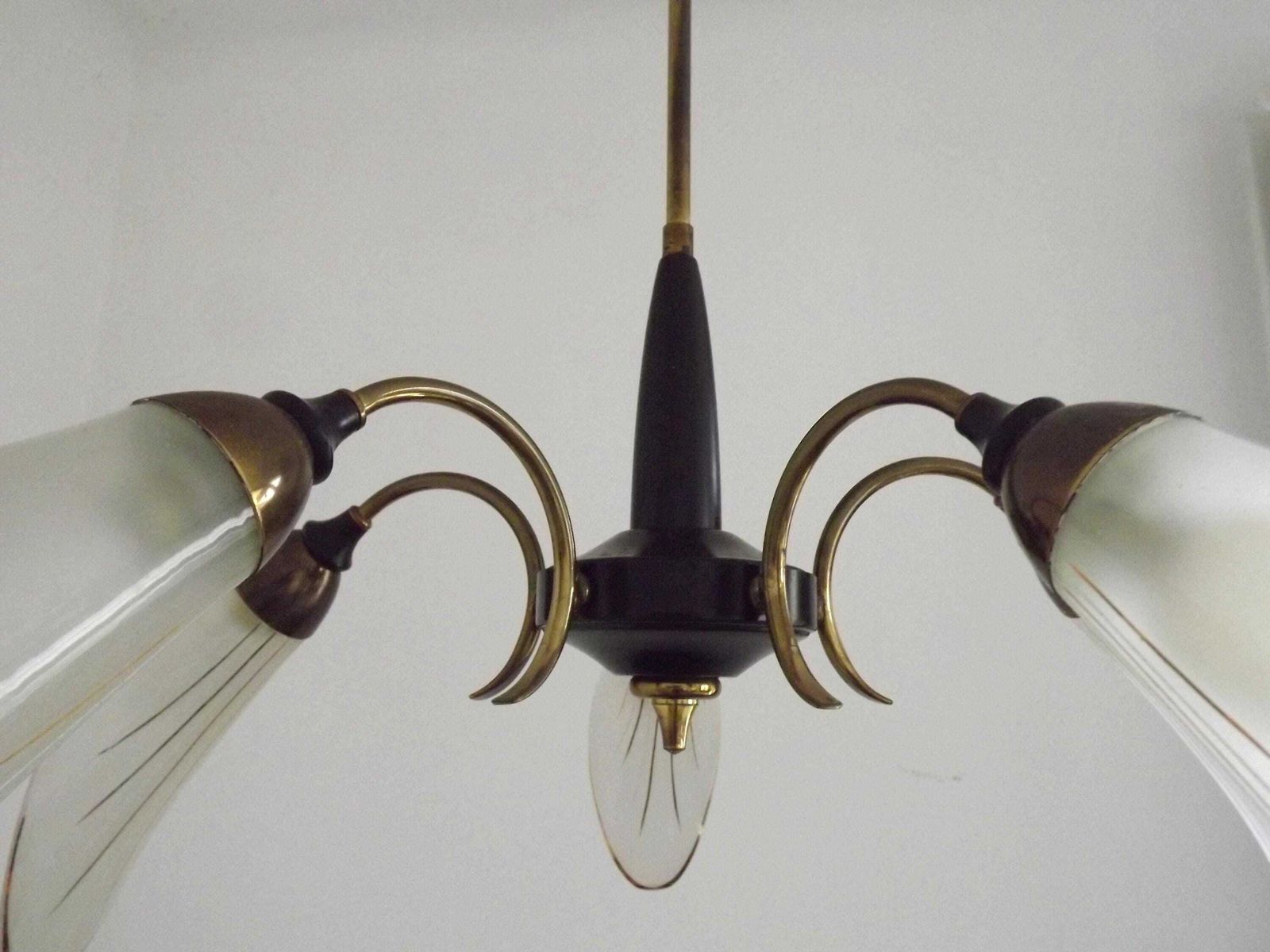 French Vintage Retro Mid Century Black & Gold 5 Arm Chandelier Glass Shades   French Vintage Lighting. Retro Chandelier. Opaque Glass Shades photo vintage