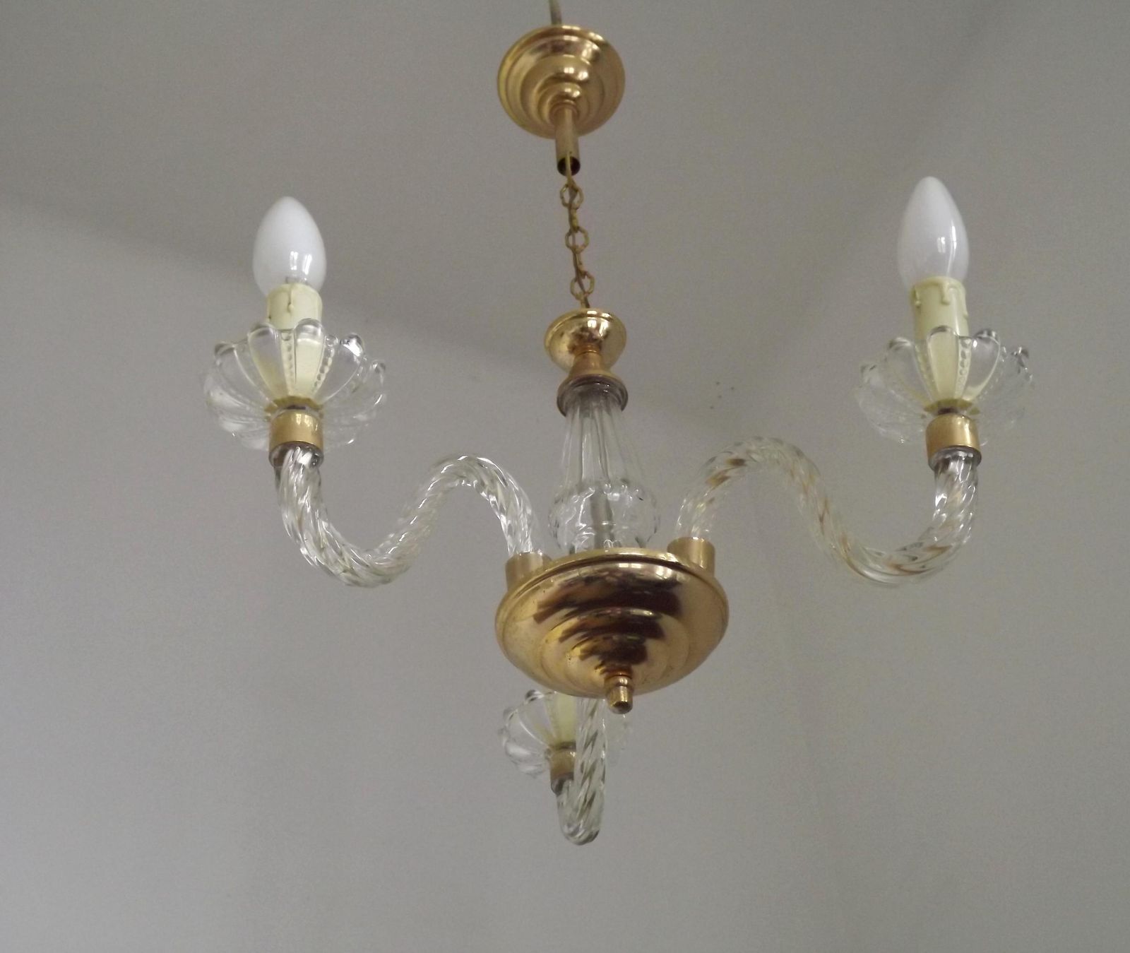 Beautiful French Barley Twist Glass Arms And Gold Metal 3 Light Chandelier   French Vintage Lighting. Cut Glass And Gold Metal Chandelier.