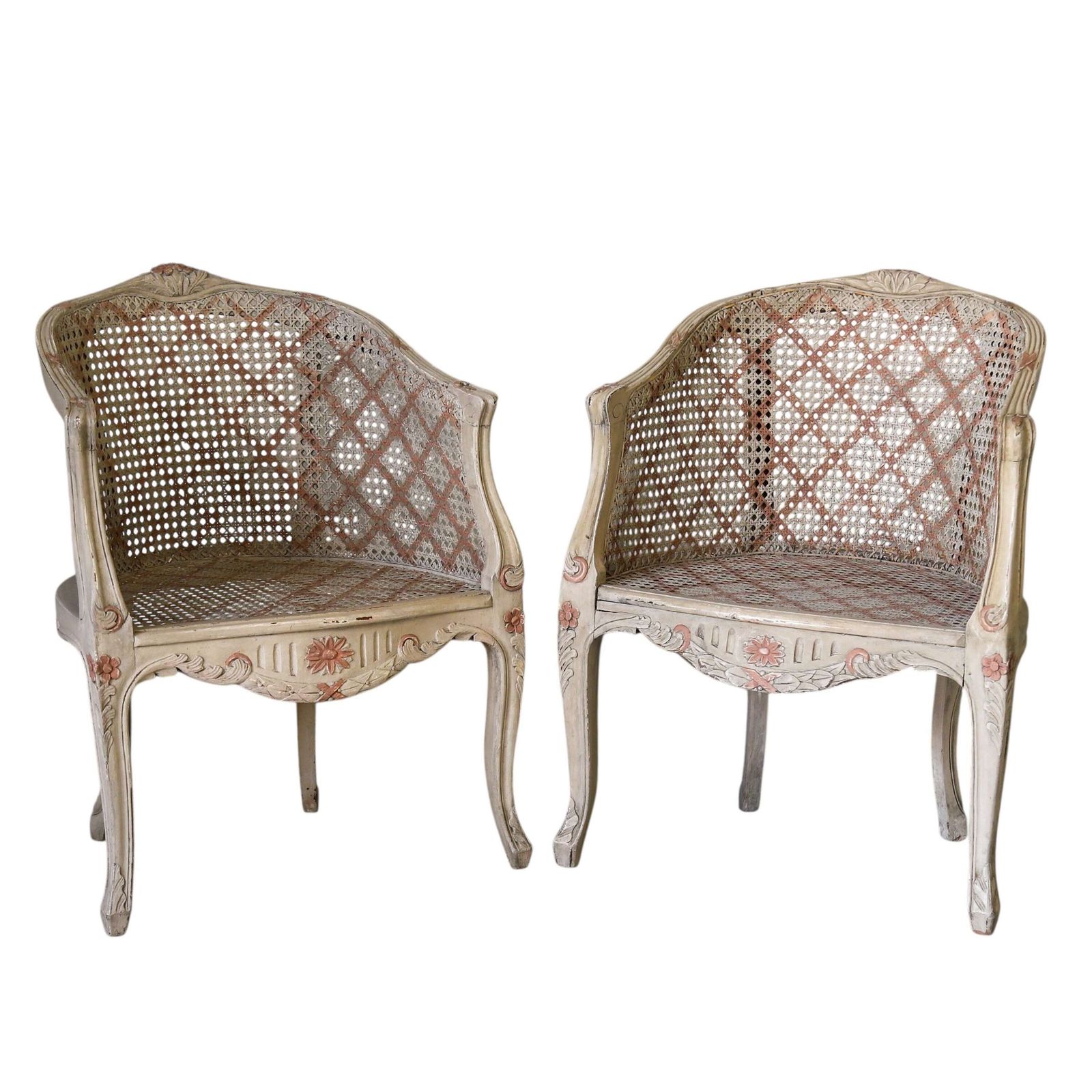 Pair Of 20th Century French Louis XV Style Painted Cane Armchairs Circa 1910