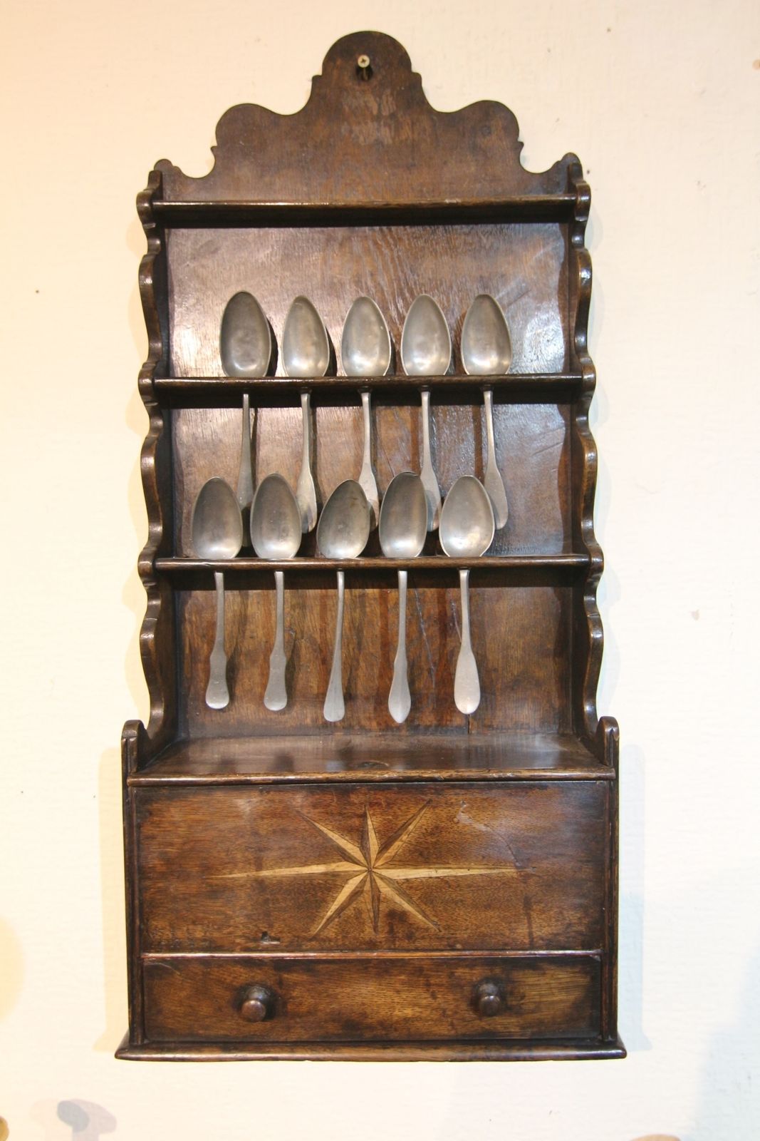 Georgian Inlaid Oak Spoonrack & Pewter Spoons