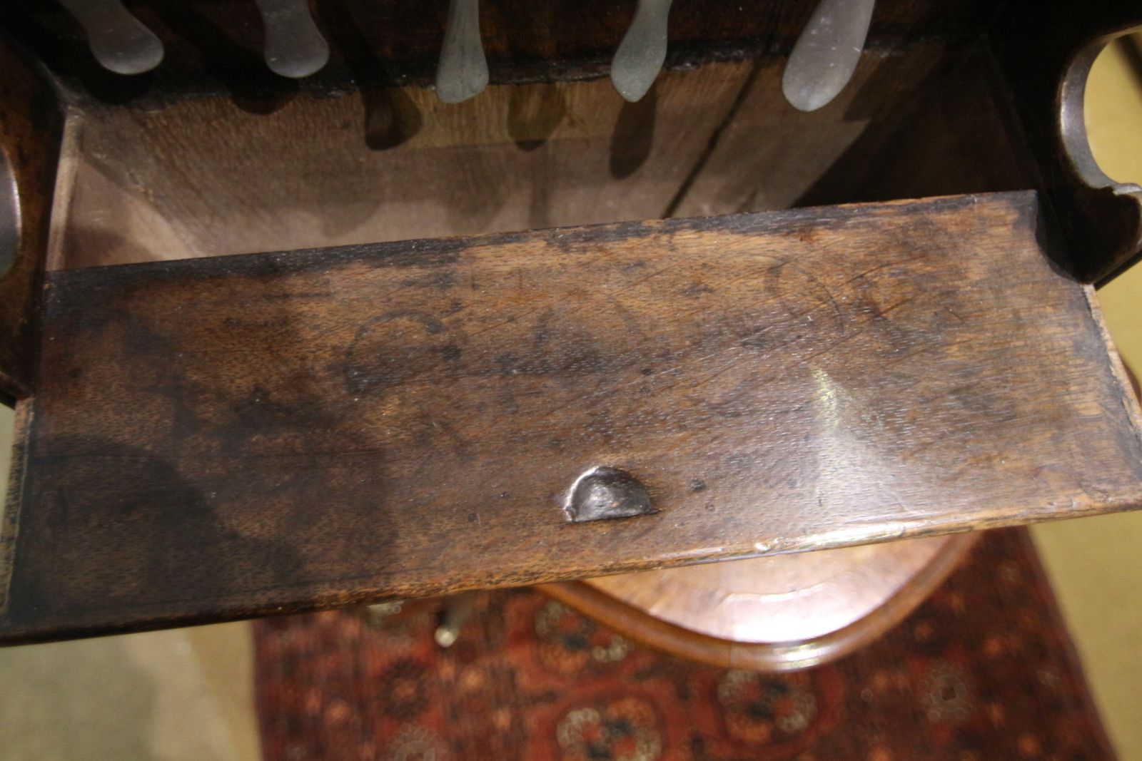 Furniture Georgian Inlaid Oak Spoonrack & Pewter Spoons photo
