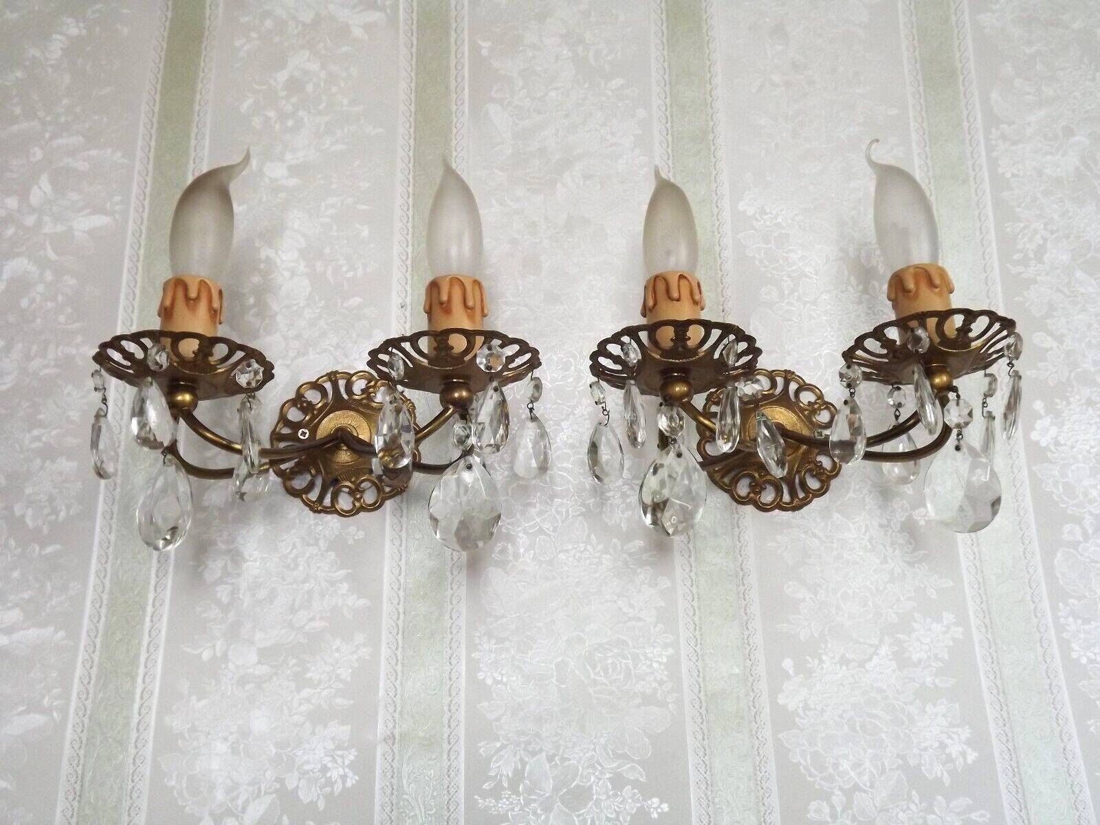 Pair French Vintage Brass Double Wall Lights With Assorted Crystal Drops   French Vintage Lighting. Double Light Crystal Wall Sconces. photo 119.0