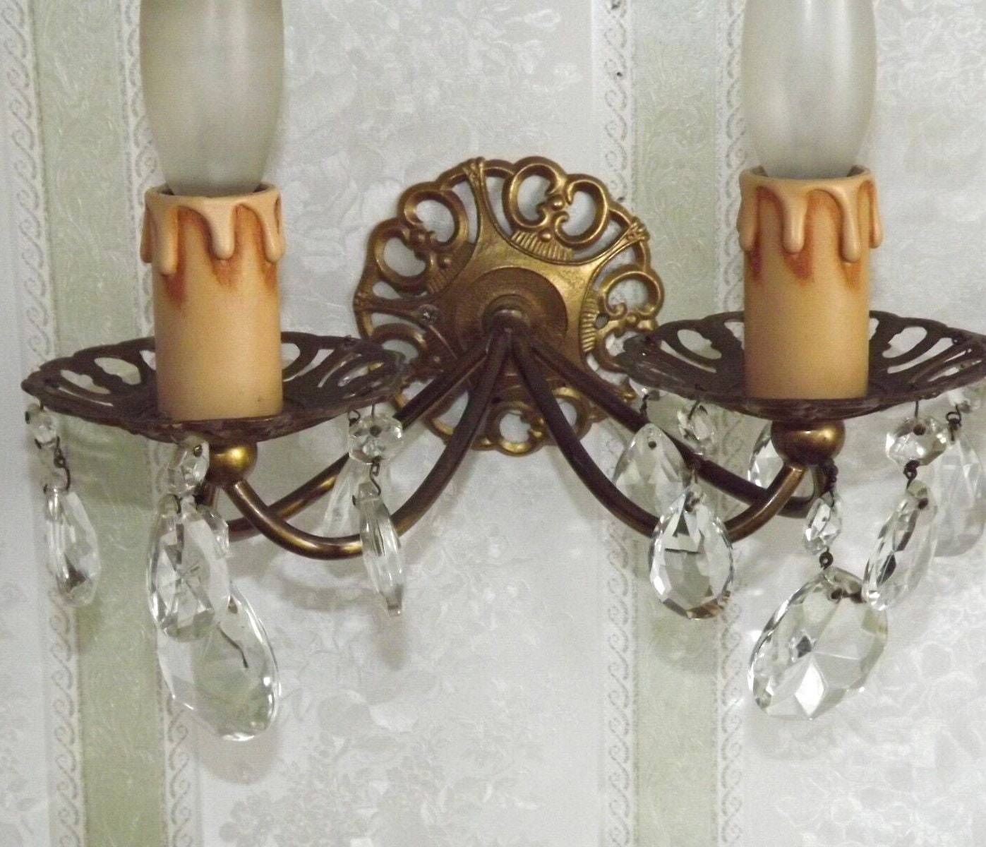 photo furniture Pair French Vintage Brass Double Wall Lights With Assorted Crystal Drops   French Vintage Lighting. Double Light Crystal Wall Sconces.