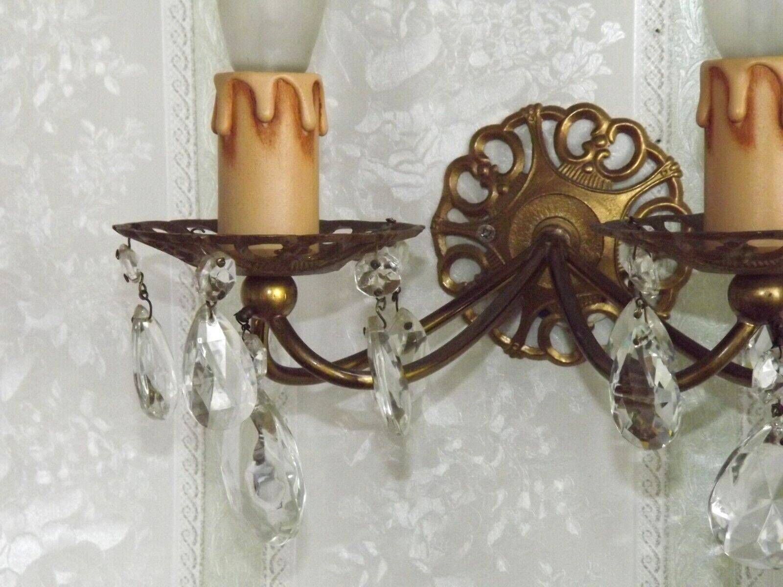 photo for sale Pair French Vintage Brass Double Wall Lights With Assorted Crystal Drops   French Vintage Lighting. Double Light Crystal Wall Sconces.