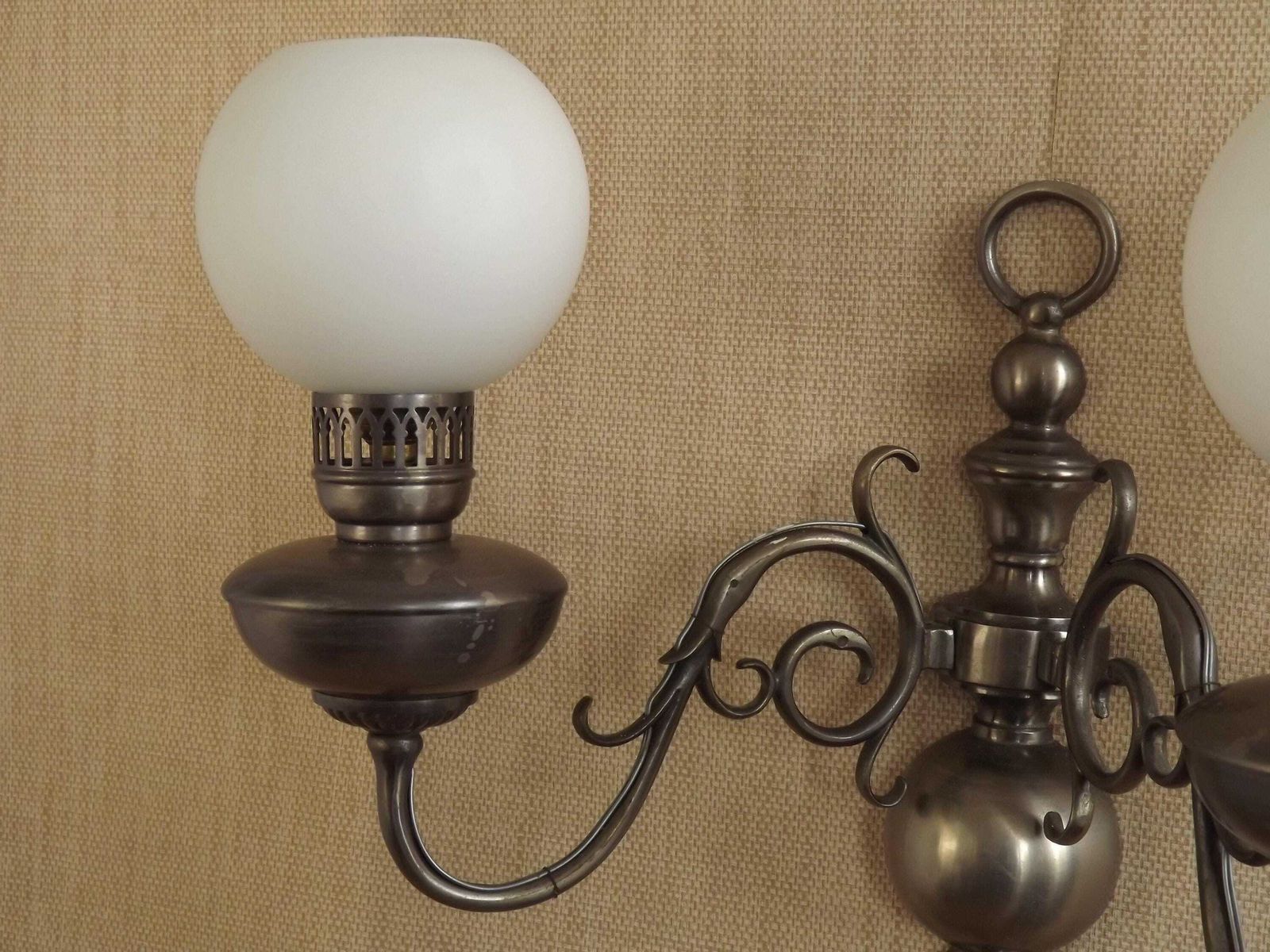 Double French Vintage Silver Flemish Wall Lights White Opaque Glass Shades   French Vintage Lighting. Double Wall Sconce. Glass Ball Shades. photo Lighting