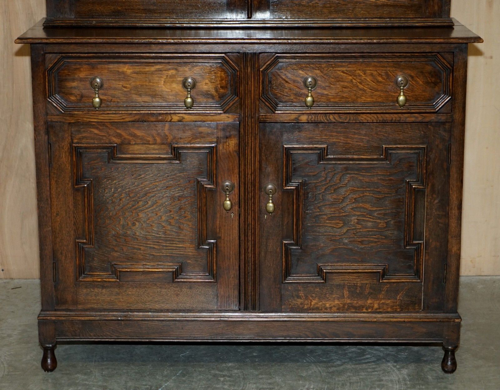 Vintage Jacobean Revival English Carved Oak Library Bookcase Dresser Cupboard photo vinterior