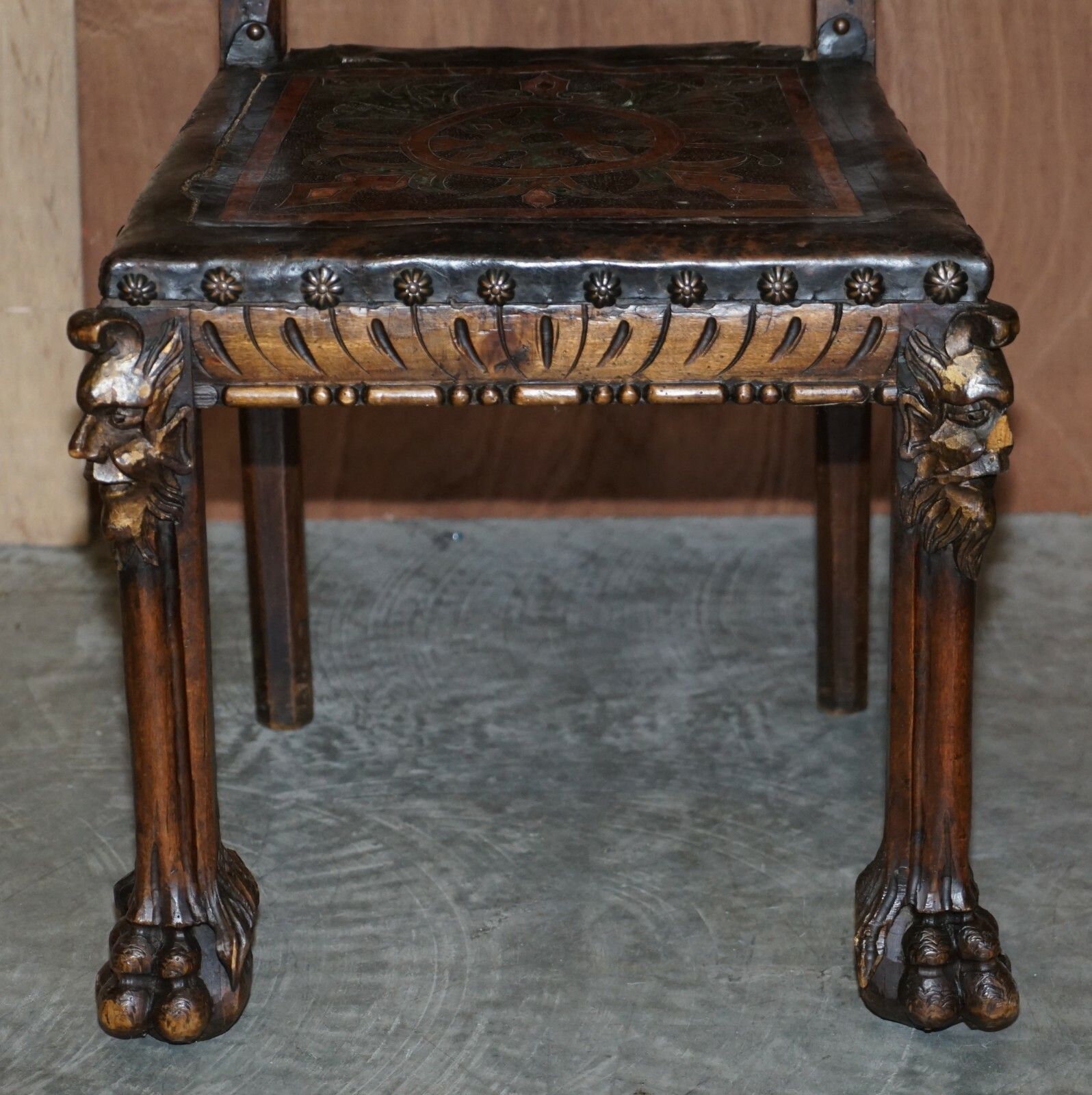 photo furniture Antique Hand Carved High Back Chair Embossed Painted Armorial Crest Coat Of Arms