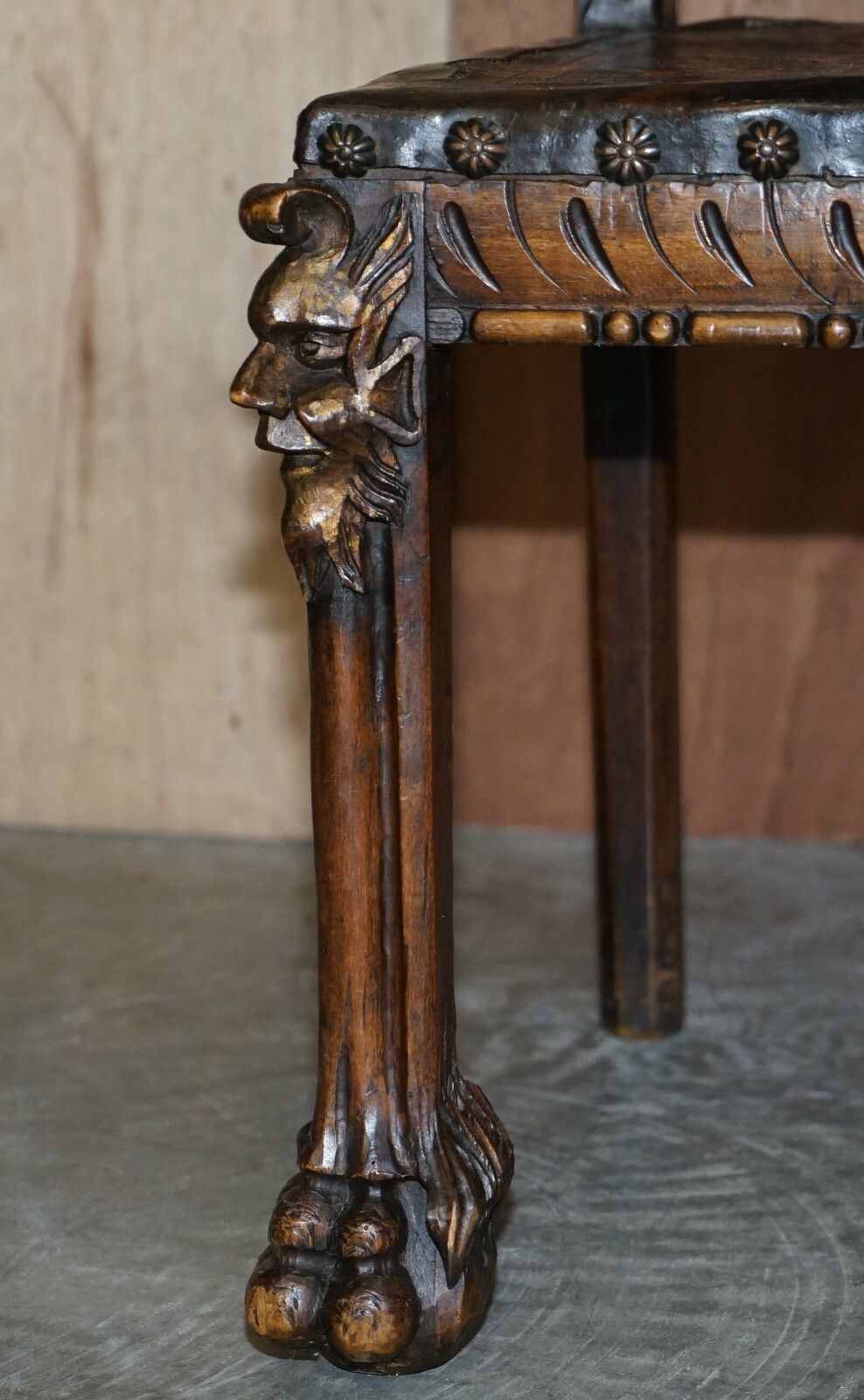 photo for sale Antique Hand Carved High Back Chair Embossed Painted Armorial Crest Coat Of Arms
