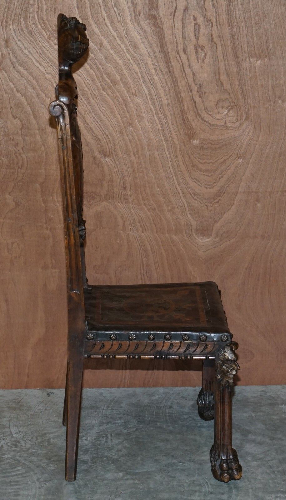 Furniture Antique Hand Carved High Back Chair Embossed Painted Armorial Crest Coat Of Arms photo