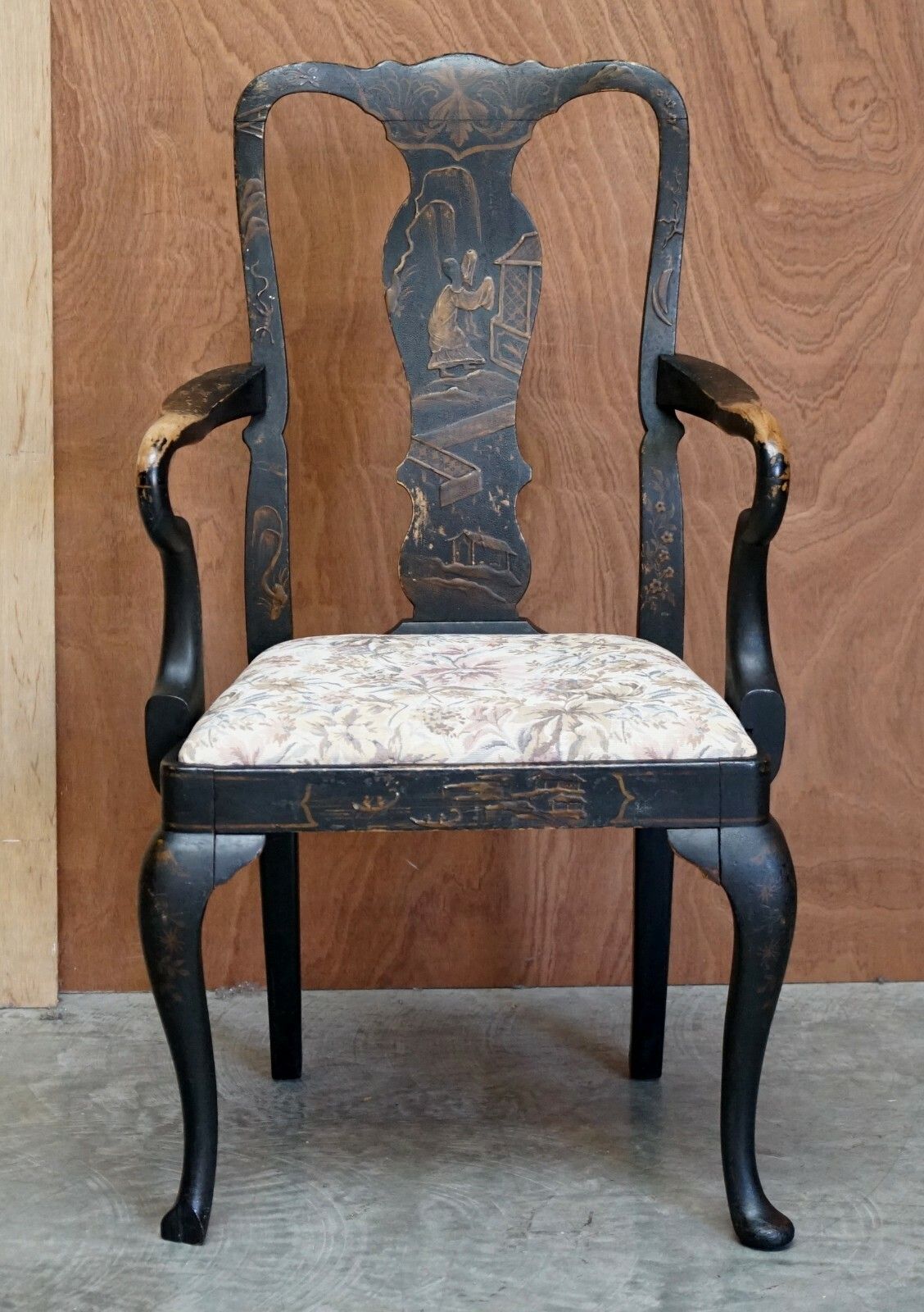 Antique Georgian Chinoiserie Black Lacquer Armchair Original Paint Well Worn photo furniture