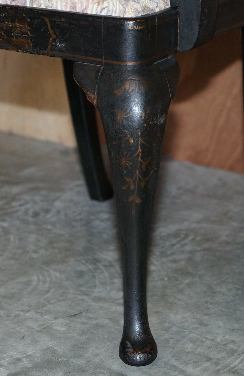 photo for sale Antique Georgian Chinoiserie Black Lacquer Armchair Original Paint Well Worn