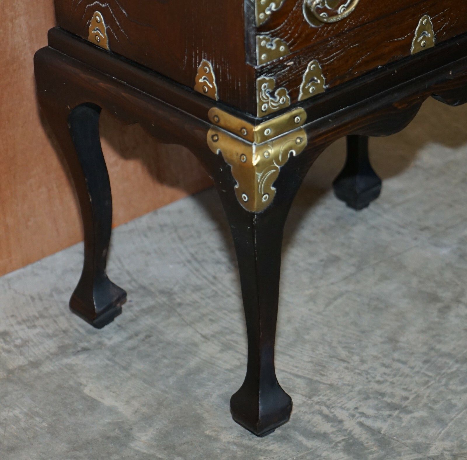 Antique Japanese 1880 Elm Side Table On Stand With Ornate Cast Brass Fixtures photo vinterior