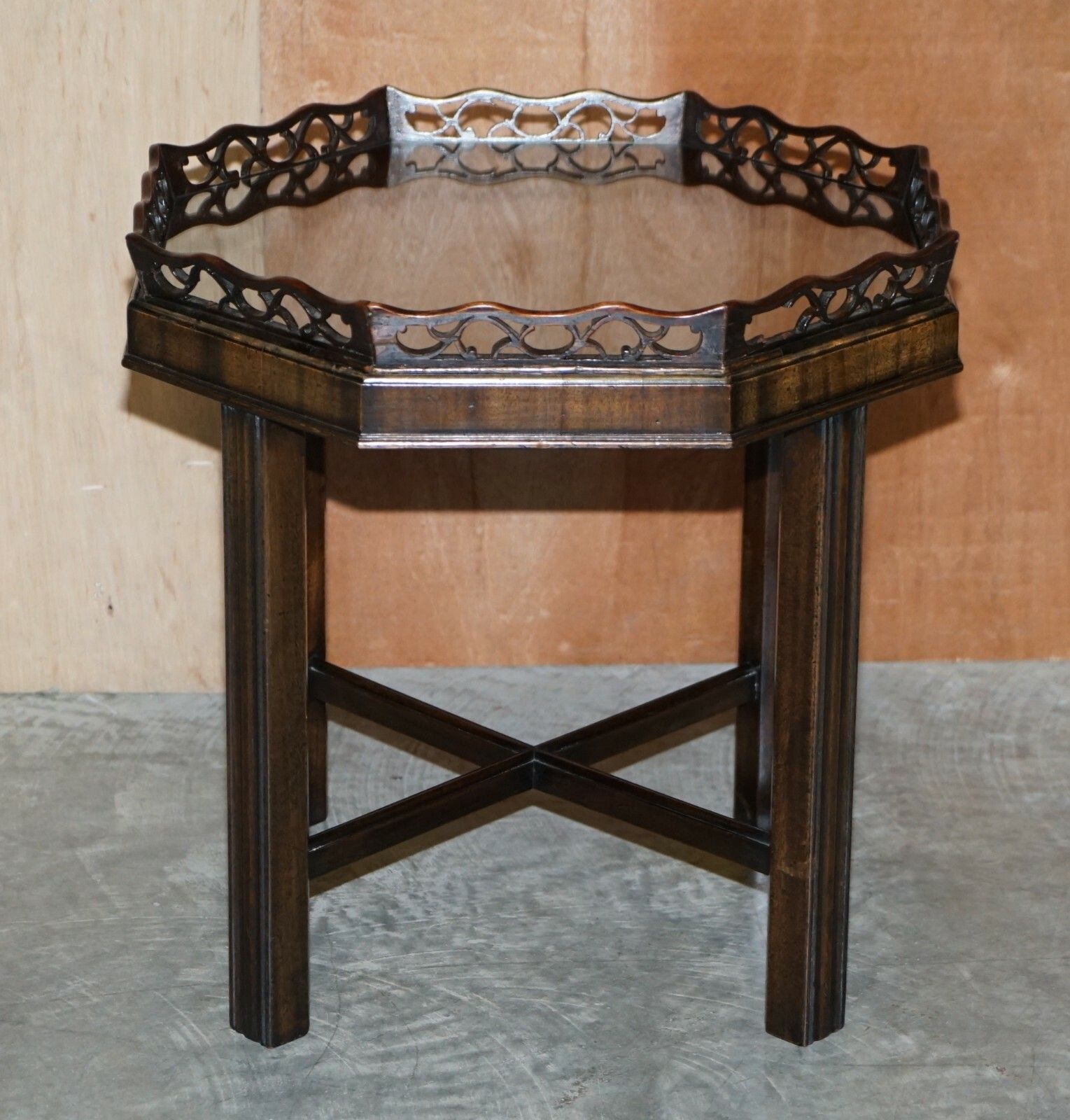 Antique Thomas Chippendale Fret Work Carved Card Games Tray Table Removable Top photo for sale