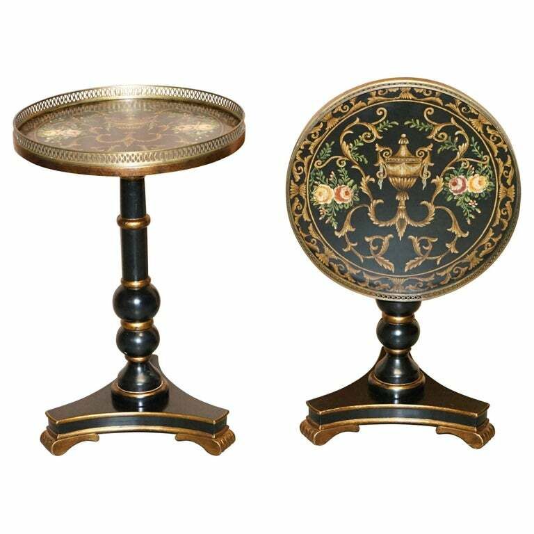 Pair Of Hand Painted Vintage Tilt Top Side Lamp Tables With Brass Gallery Rails