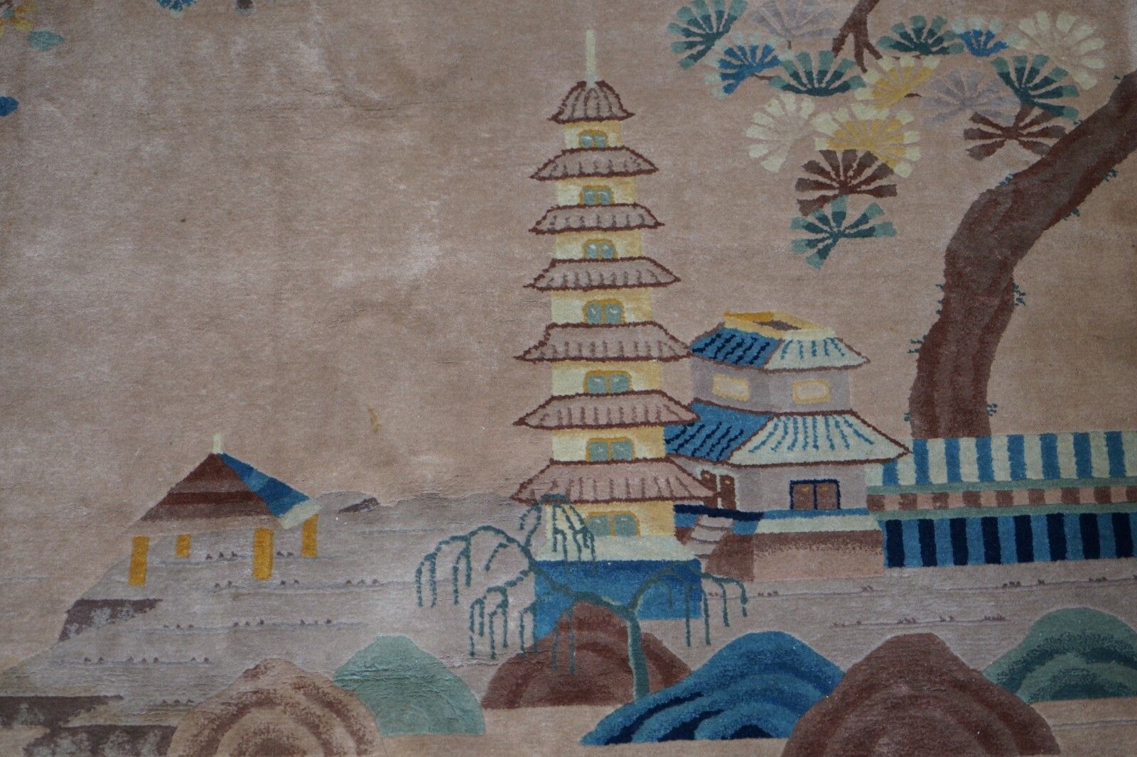 Antique Chinese Thick Knotted Wool Rug With Pagoda Temple And Floral Trees photo 2108.0