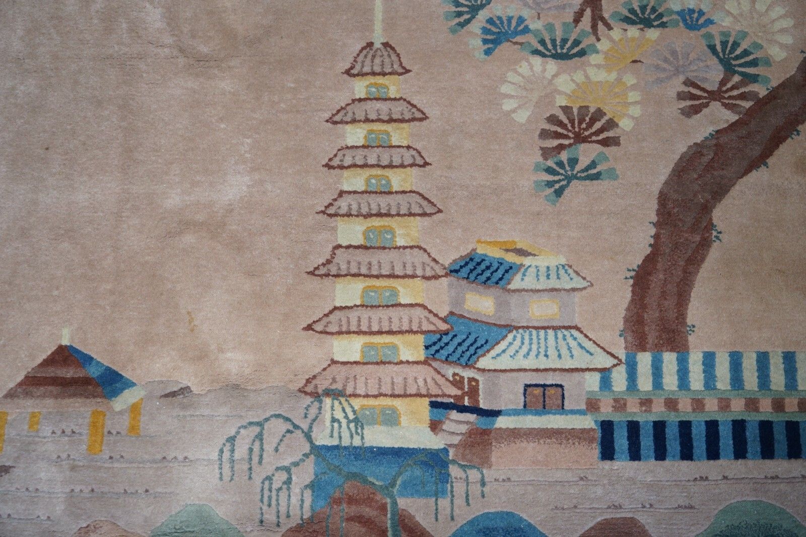Antique Chinese Thick Knotted Wool Rug With Pagoda Temple And Floral Trees photo vintage