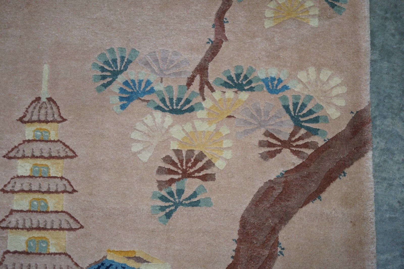 photo furniture Antique Chinese Thick Knotted Wool Rug With Pagoda Temple And Floral Trees