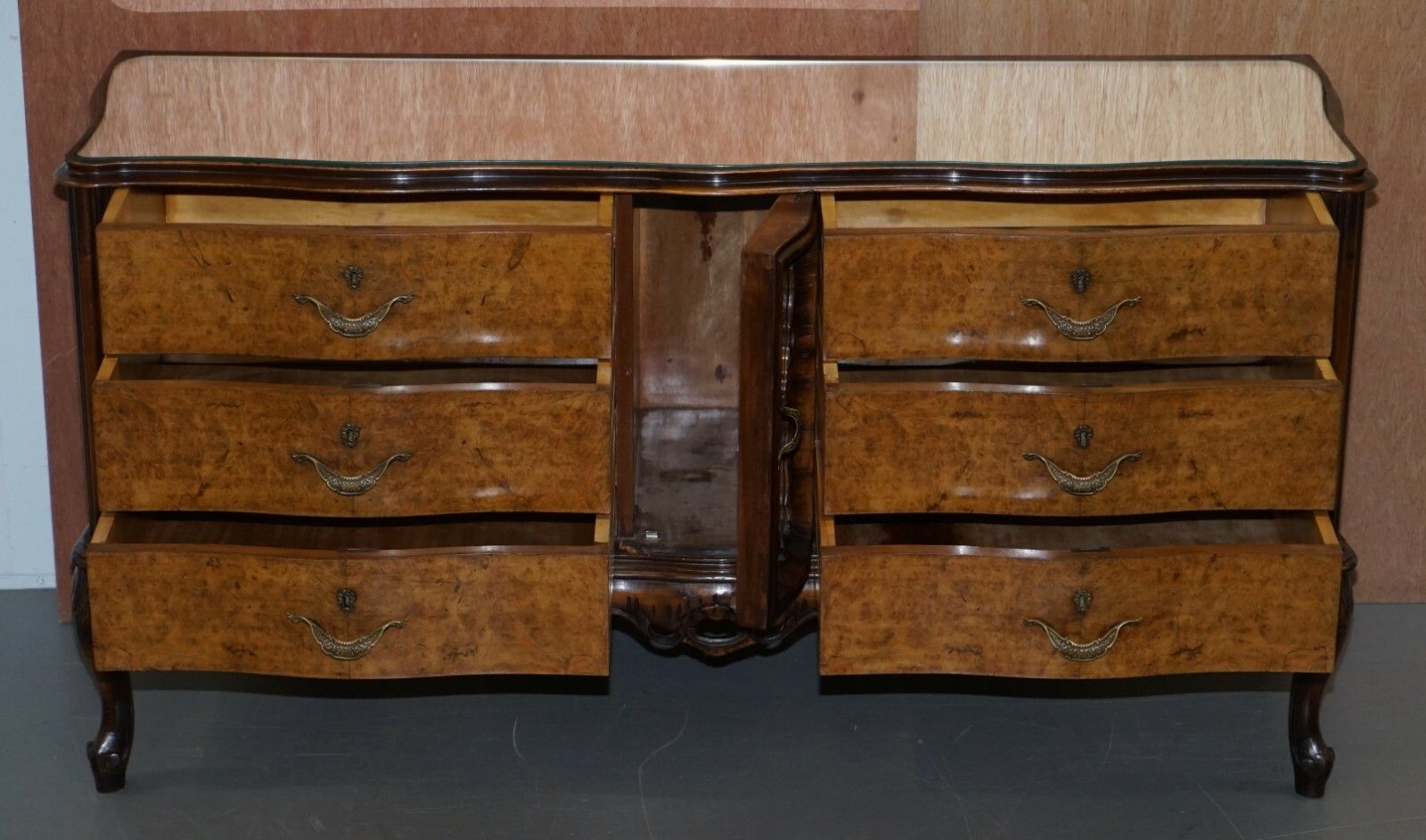 Furniture Sublime Vintage Italian Burr Walnut Serpentine Fronted Sideboard Mirrored Top photo