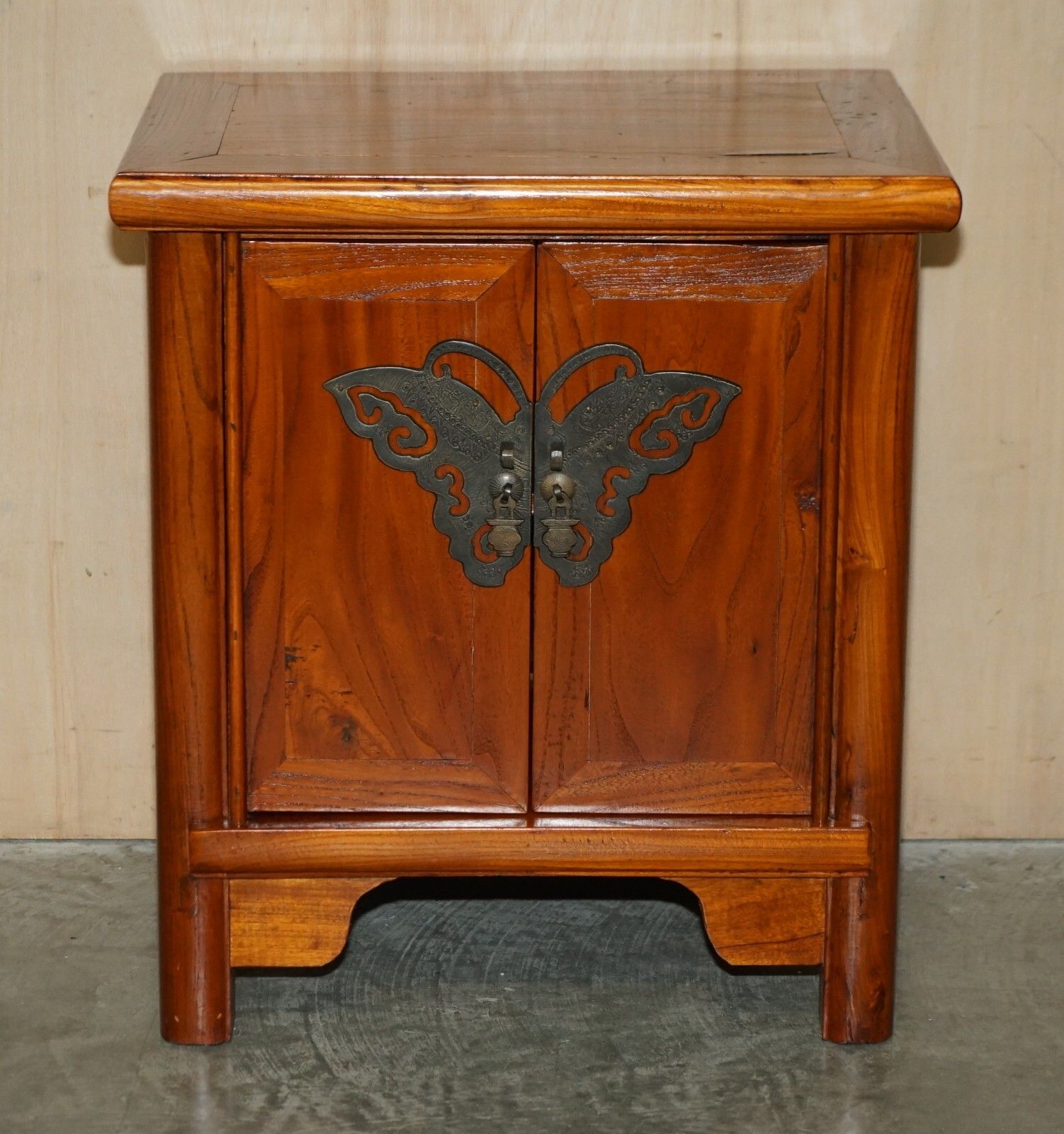 Pair Of Chinese Elm Butterfly Handle Bedside Side End Lamp Wine Tables Cupboards photo for sale