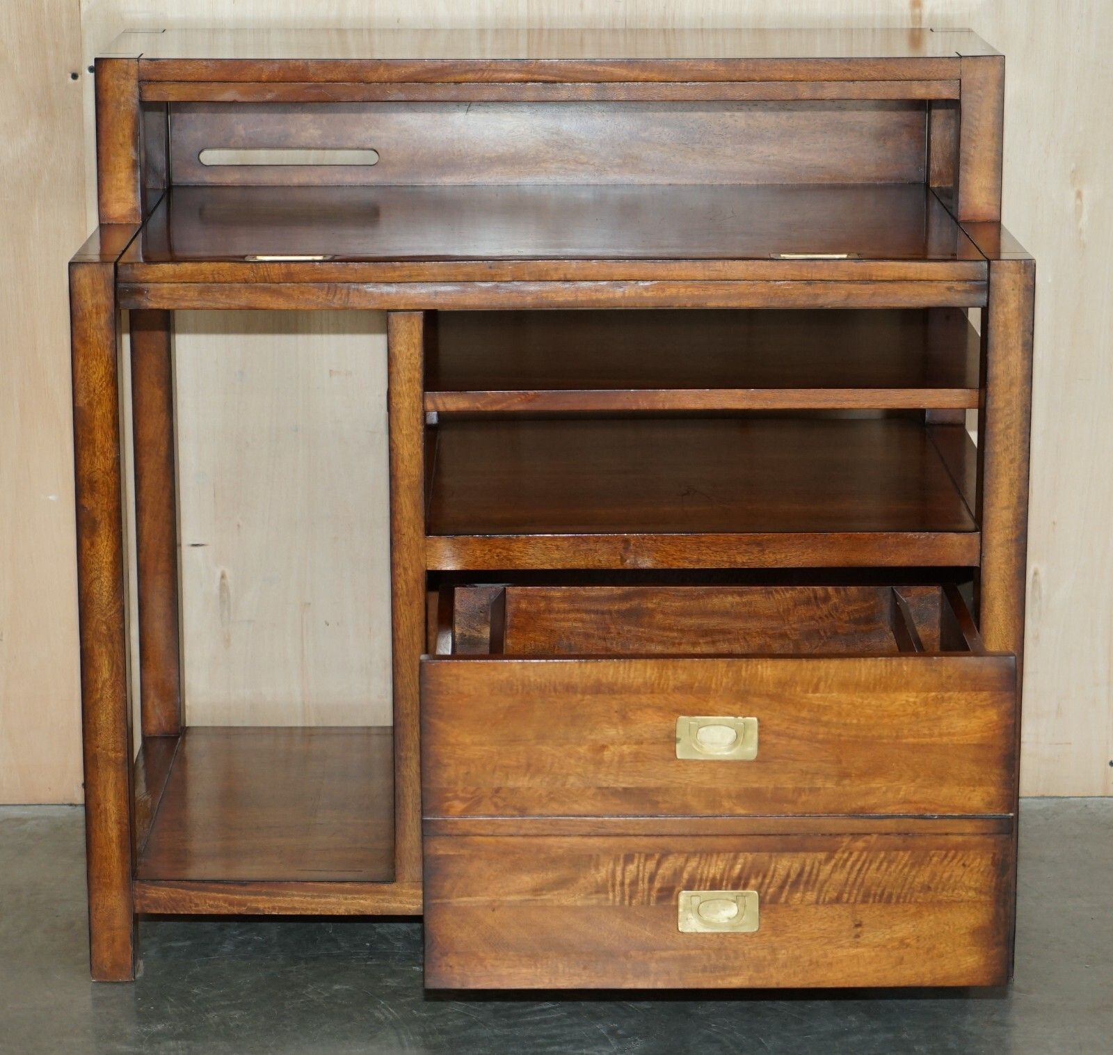 Mahogany & Brass Military Campaign Workstation Desk For Home Computer Part Suite photo vintage