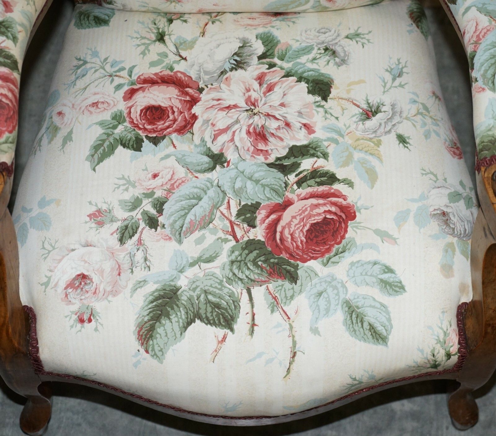 Victorian Hand Carved Walnut, Show Framed High Back Armchair In Colefax Fowler photo vinterior