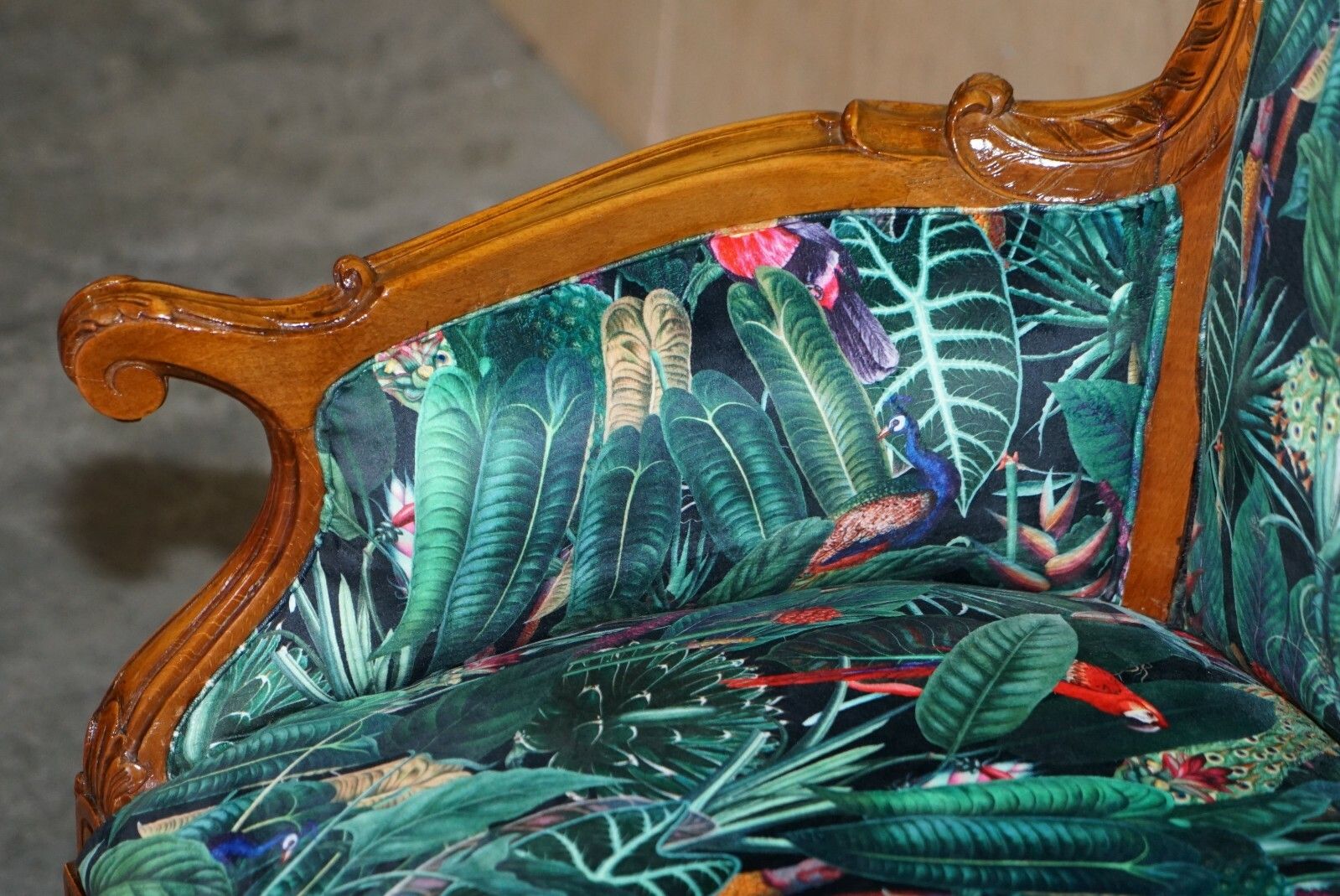 Lovely Vintage Italian Carved Walnut Armchair With Birds Of Paradise Upholstery photo vinterior