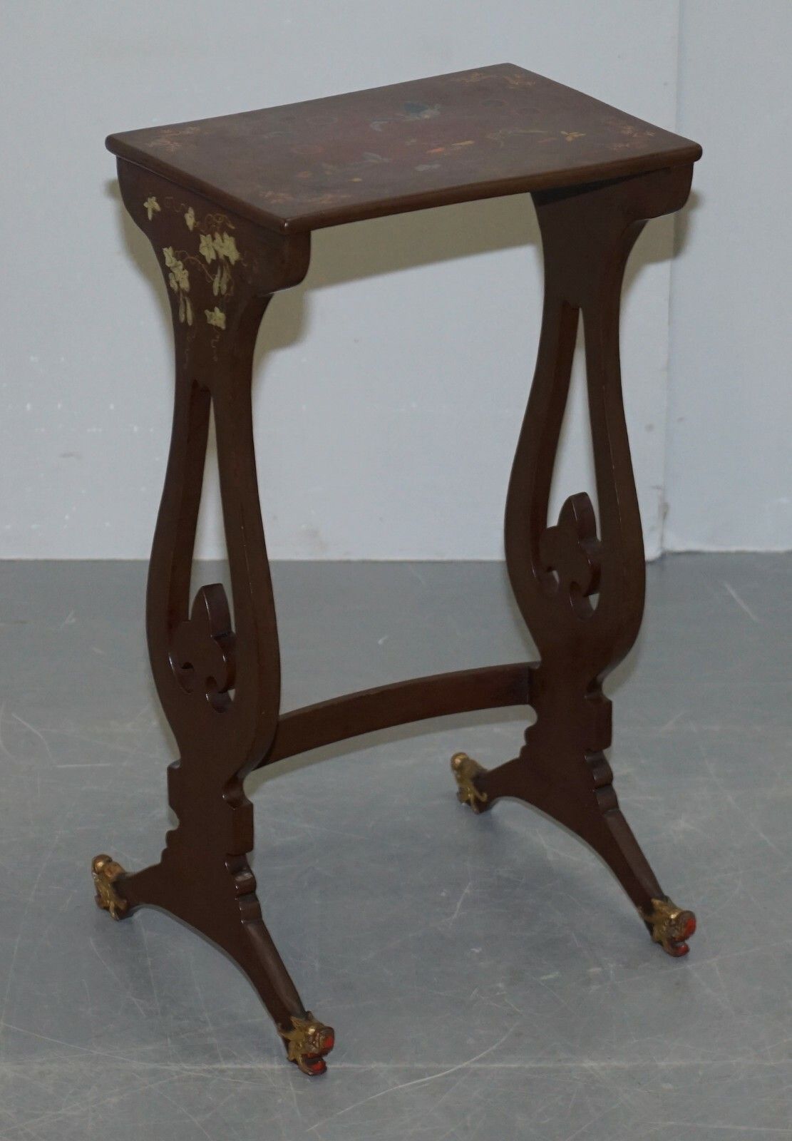 Furniture Sublim Nest Of 4 Circa 1880 Chinese Export Brown Lacqurered Tables Hand Painted photo