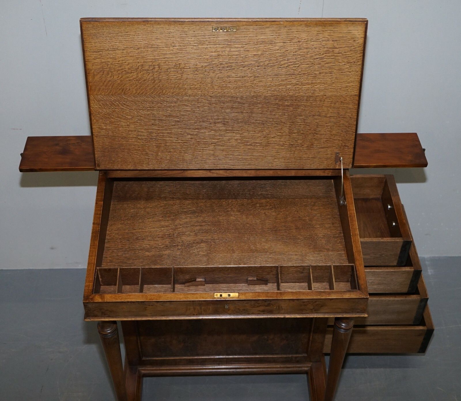 1850.0 Vintage Burr Walnut, Leather & Brass Galery Rail Davenport Desk Workstation photo