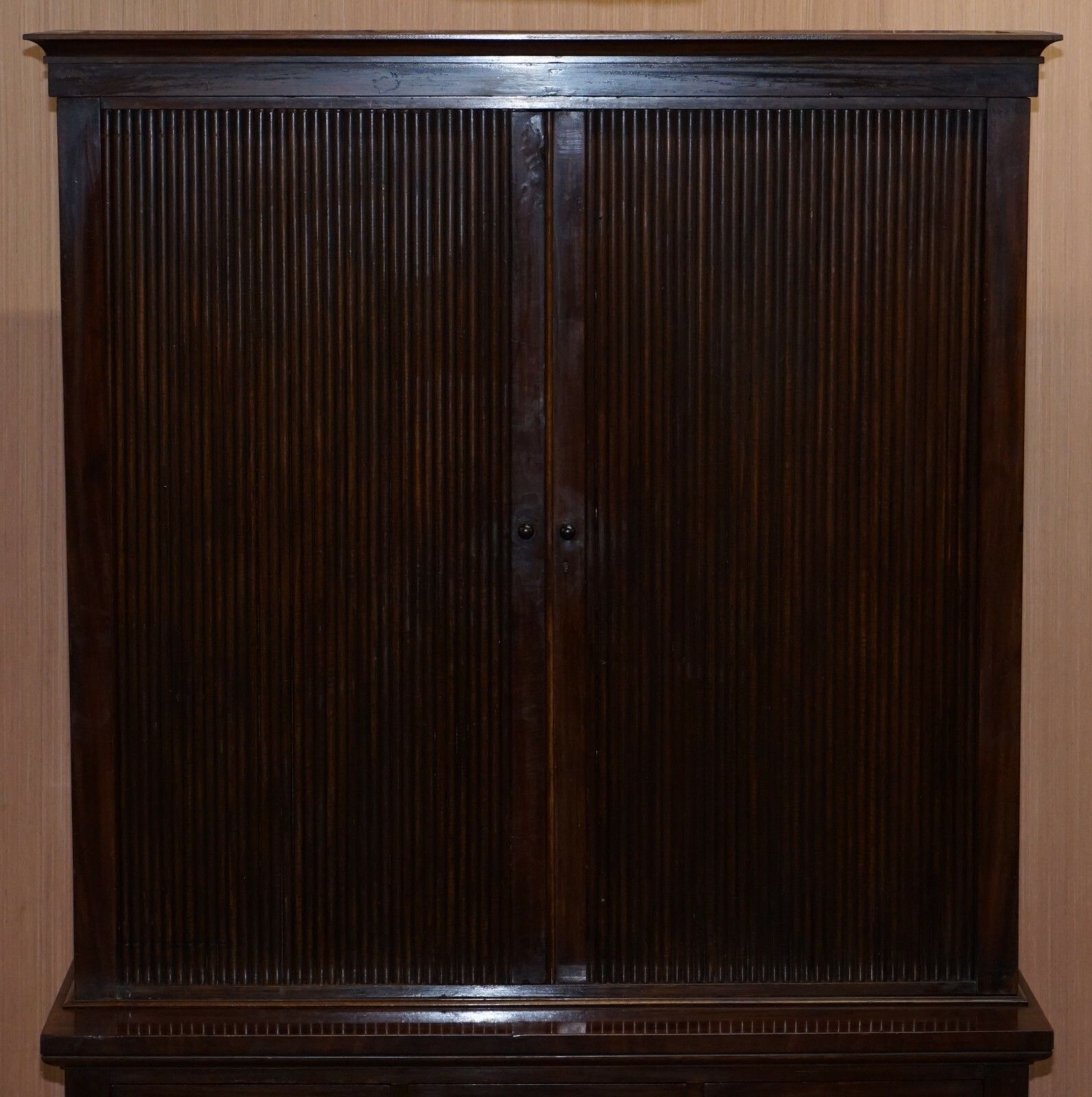 Very Rare Victorian Tambour Door Cupboard Bookcase On Bank Chest Of Drawers photo Furniture