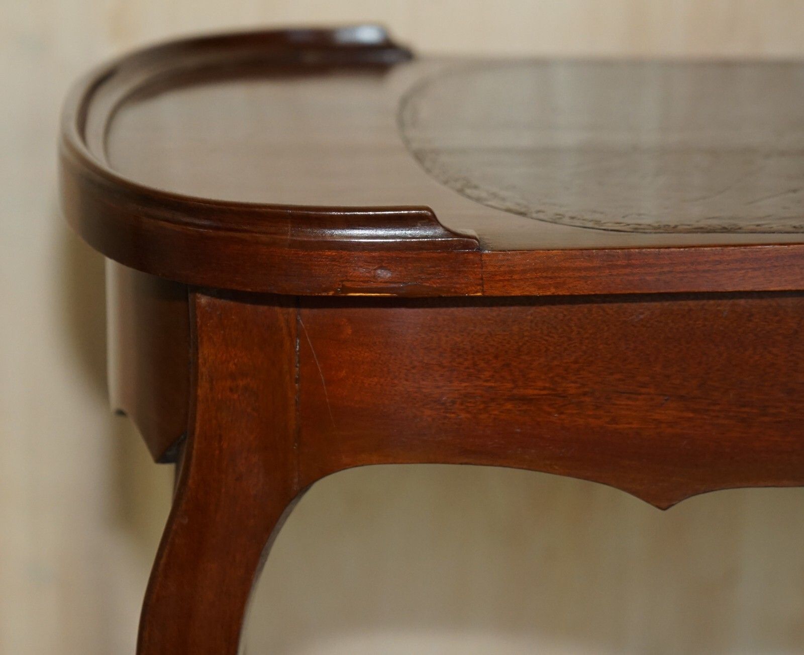 Restored Antique Kidney Shaped Occasional Table With Drawers Brown Leather Top photo vinterior
