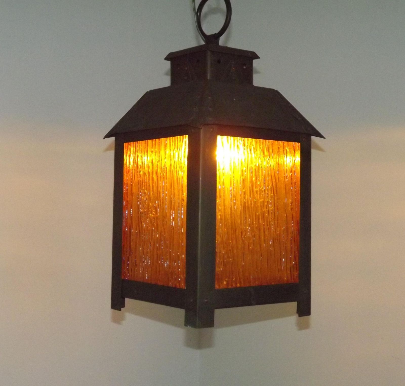 Large French Vintage 4 Sided Copper & Amber Patterned Glass Hanging Lantern   French Vintage Lighting. Large Copper Lantern. Hanging Light.