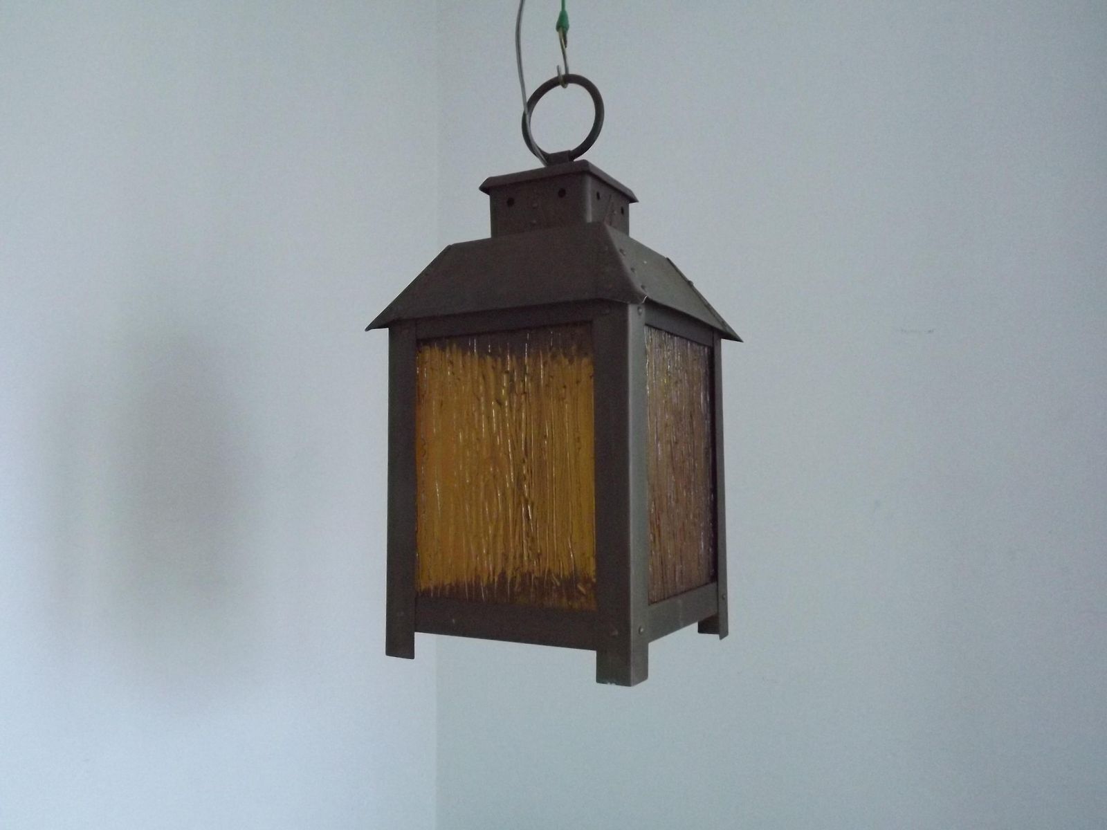 Large French Vintage 4 Sided Copper & Amber Patterned Glass Hanging Lantern   French Vintage Lighting. Large Copper Lantern. Hanging Light. photo 275.0