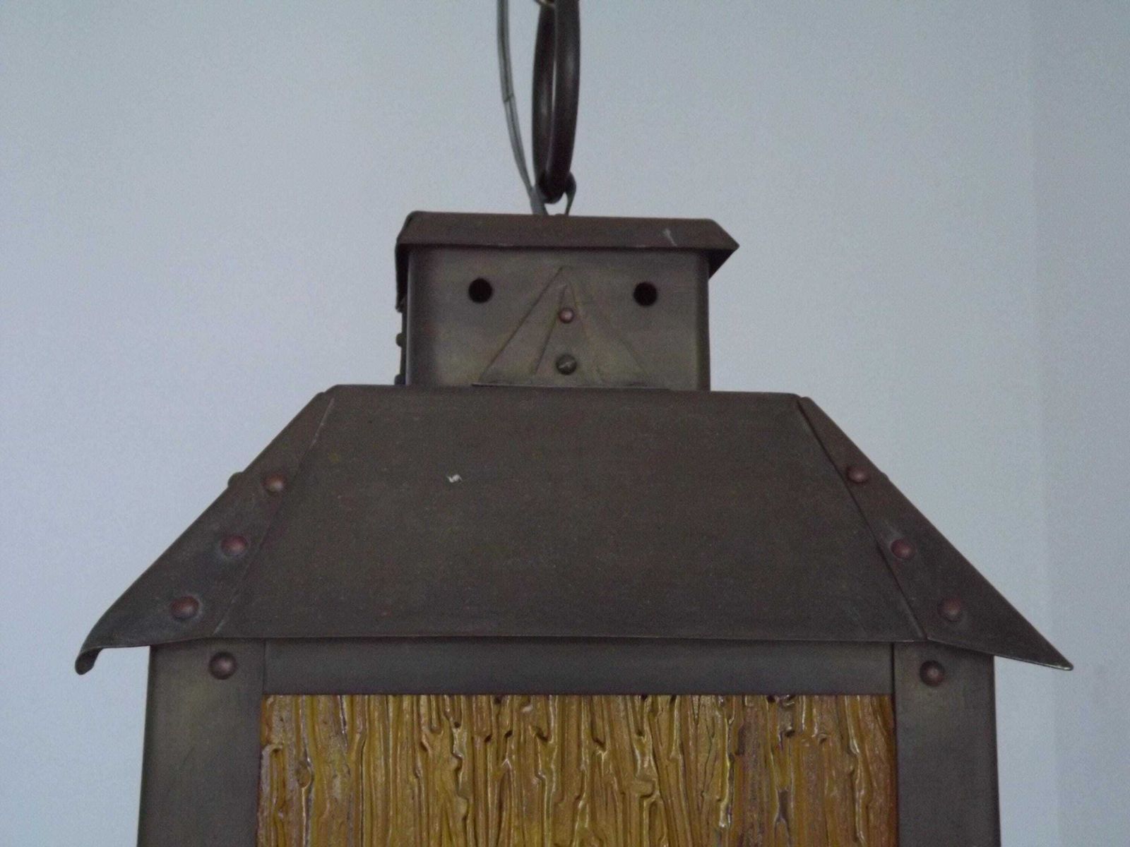 Large French Vintage 4 Sided Copper & Amber Patterned Glass Hanging Lantern   French Vintage Lighting. Large Copper Lantern. Hanging Light. photo vintage