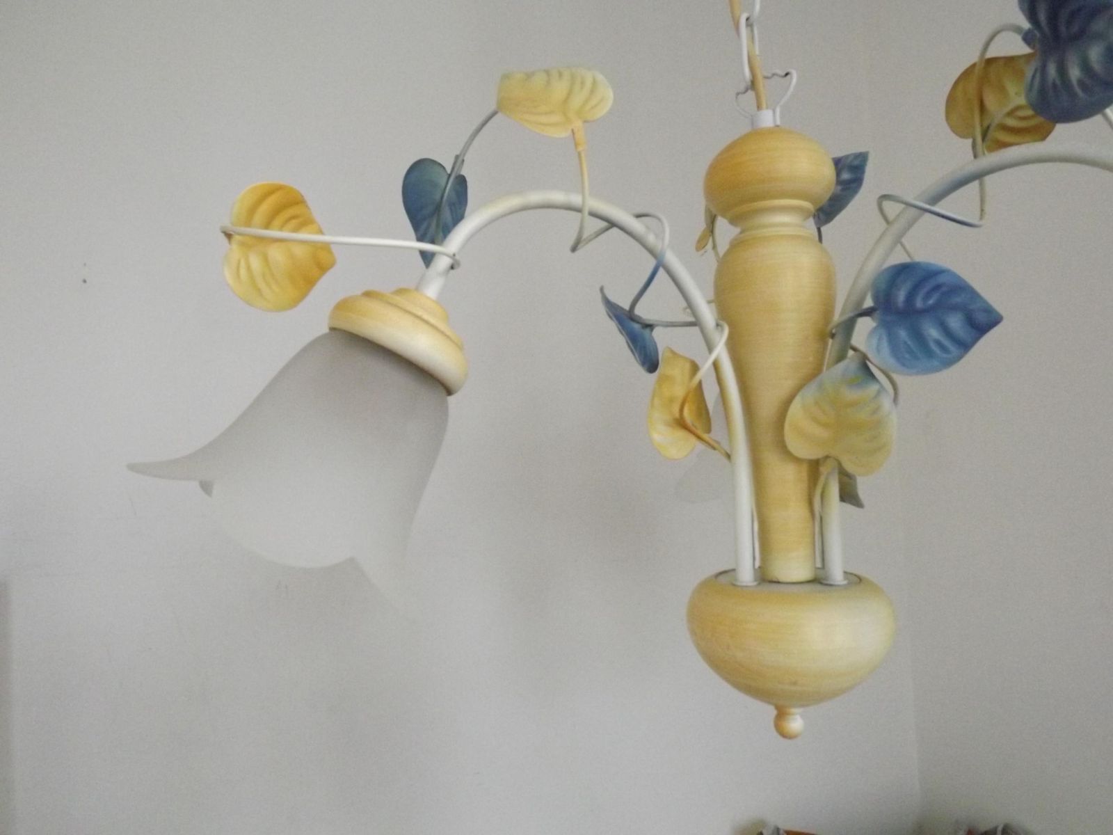 photo furniture Vintage French 3 Light Toleware Chandelier Blue & Yellow Leaves Flower Opaque Glass Shade   French Vintage Lighting. 3 Light Chandelier.
