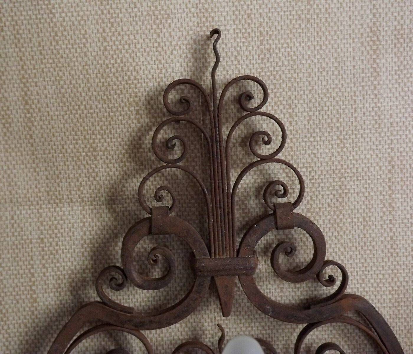 Early 20th Century French 3 Light Wrought Iron Wall Sconce With Scroll Detail   French Antique Lighting. Medieval Wall Light. Wrought Iron. photo vintage