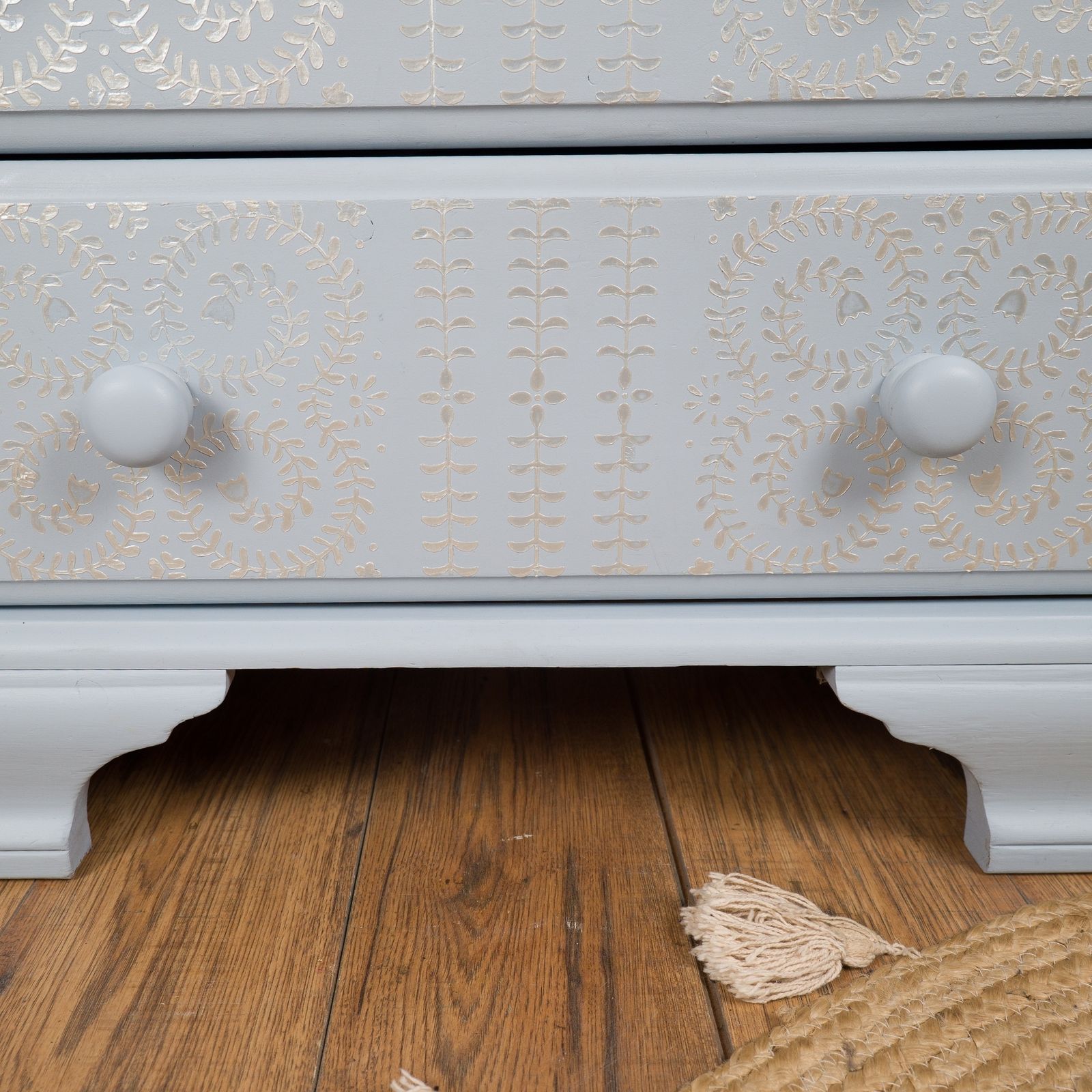 Hand Painted Vintage Solid Pine Blue Chest Of Drawers With Pearl Effect Stencil Detail photo for sale